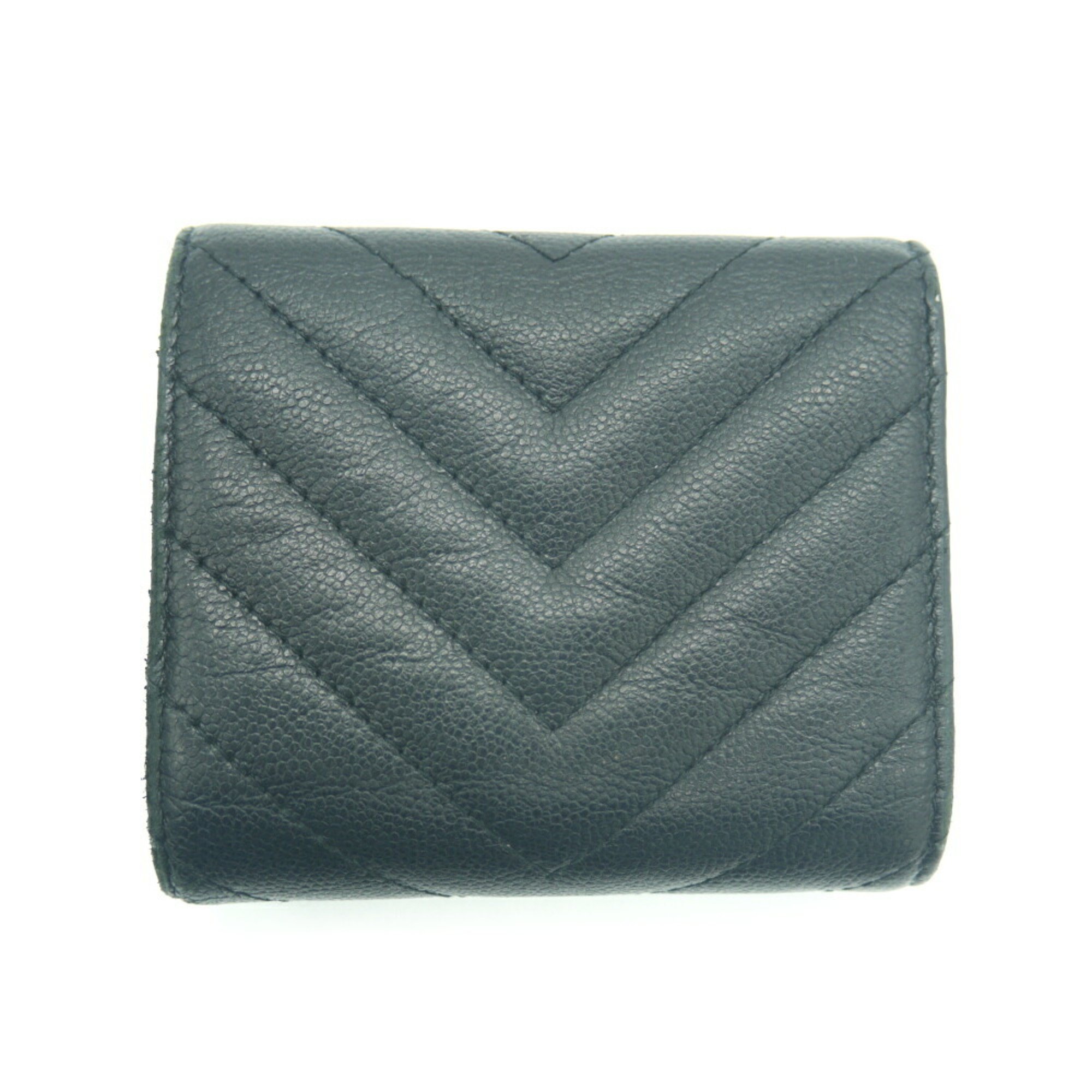 CHANEL V Stitch Small Flap Wallet Trifold Coco Mark Caviar Skin Black A81900