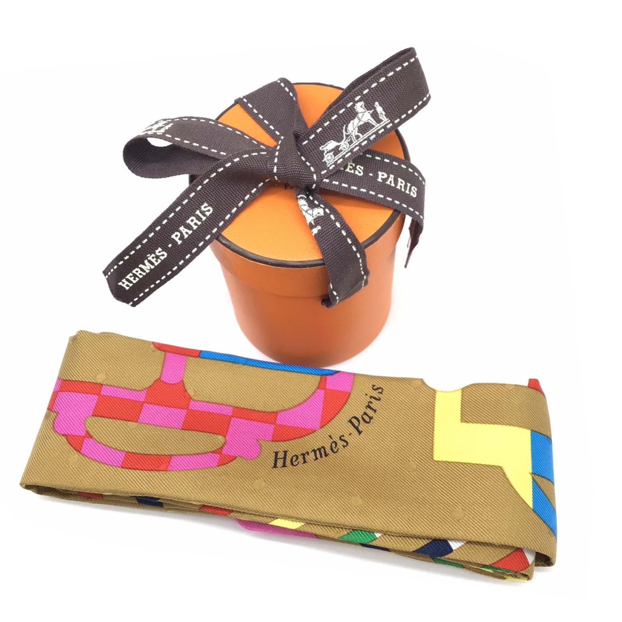 HERMES Twilly Moderne Buckle Bouclerie moderne Multicolor Brown Dot Stripe Scarf Women's Men's Unisex Wrapping