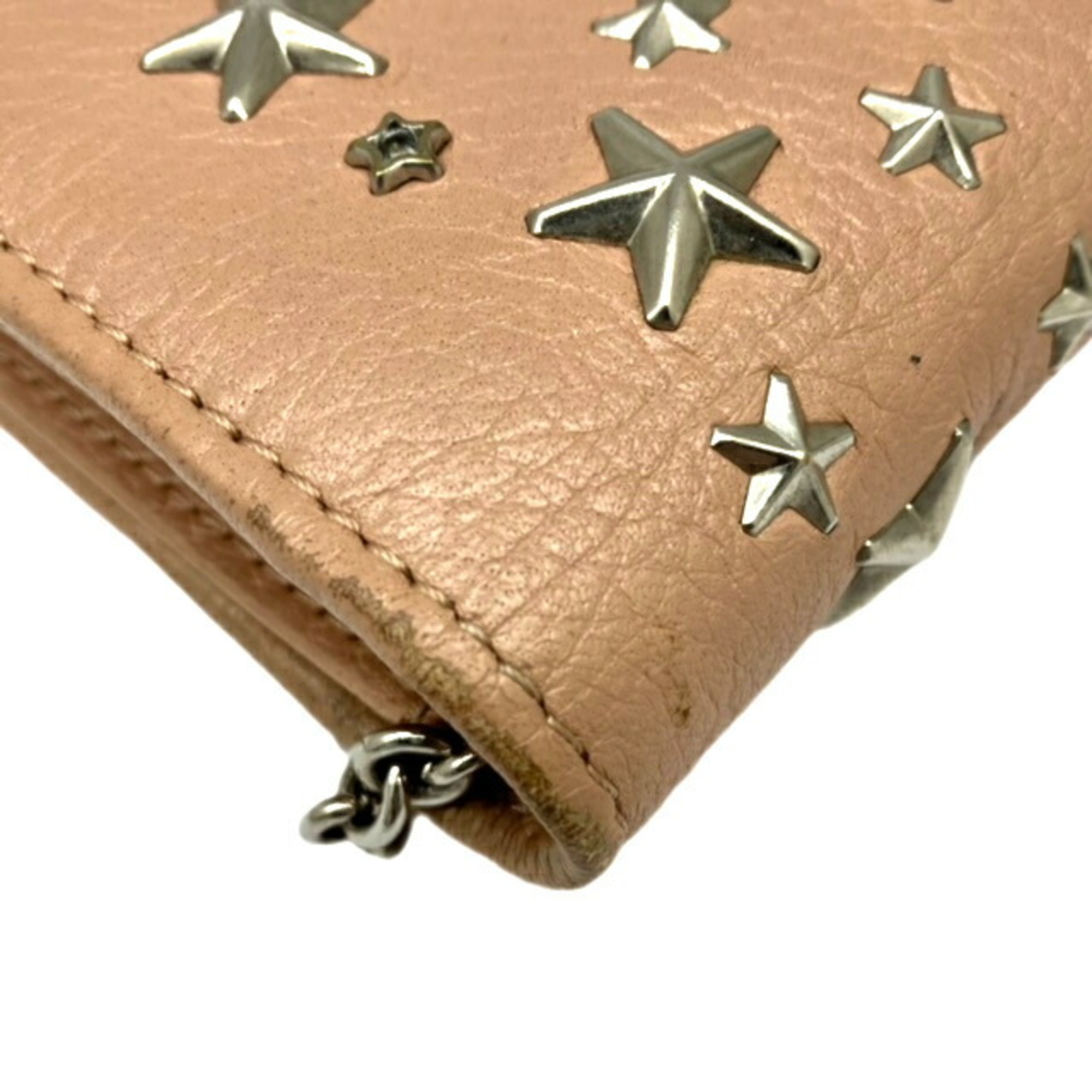 JIMMY CHOO Jimmy Choo Chain Wallet Star Studded Silver Pink Leather Shoulder L-shaped Flap Ladies
