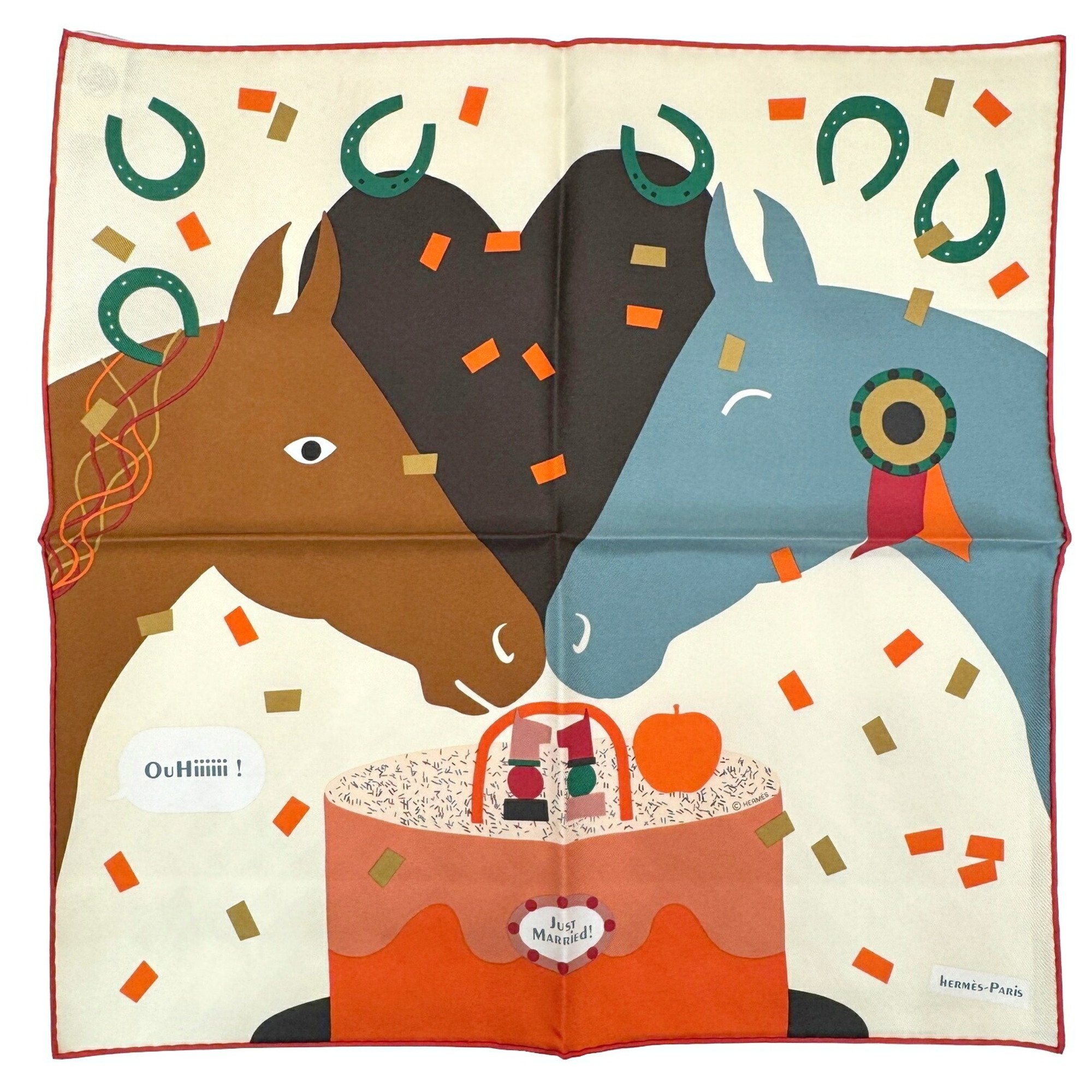 Hermes HERMES Carre 45 Gavroche Just Marid Scarf New Silk Ladies Crème Chocolat Corail Horse Heart