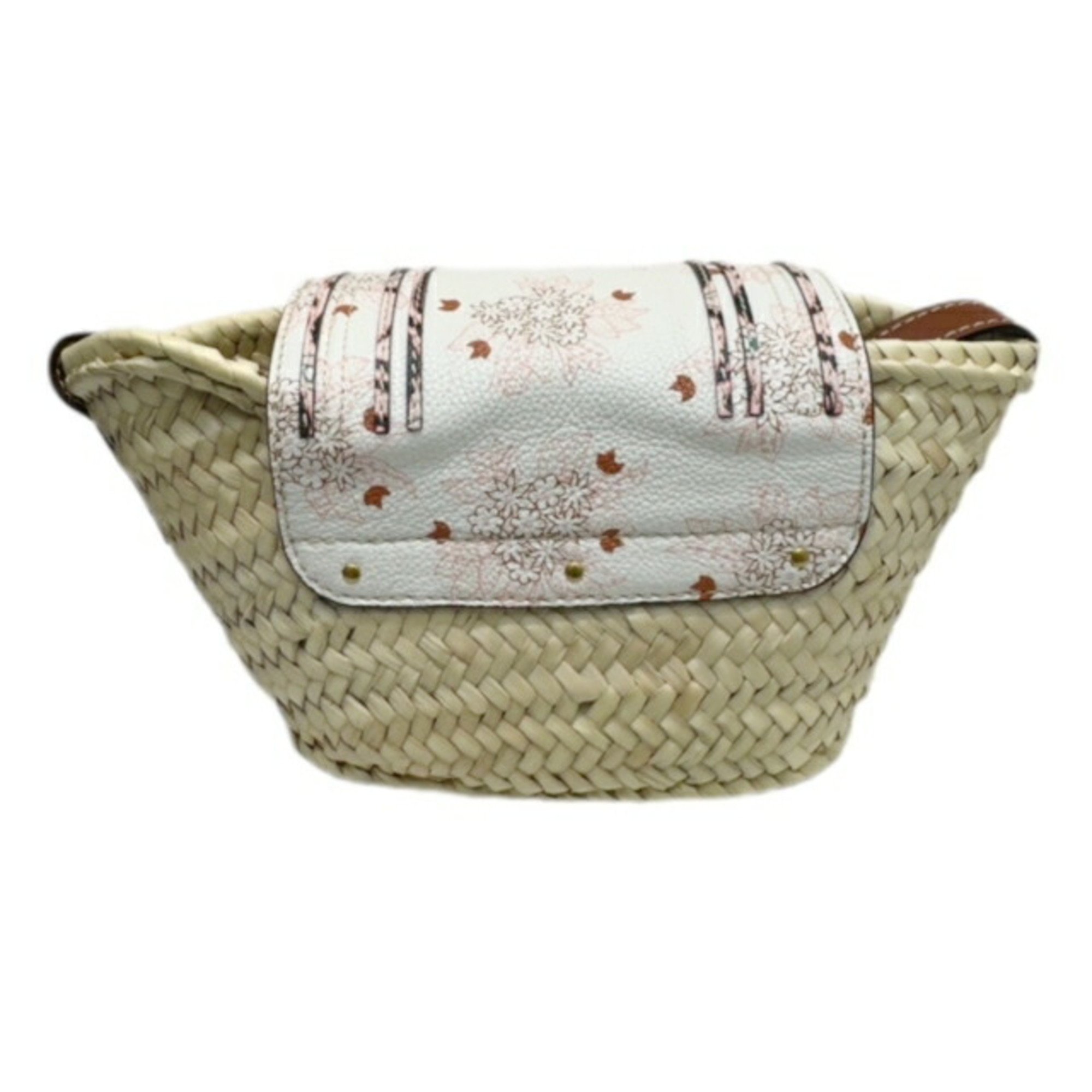 Chloé Chloe Mercy Small Basket Shoulder Bag Floral Leather Raffia Ladies Ivory Pink Brown