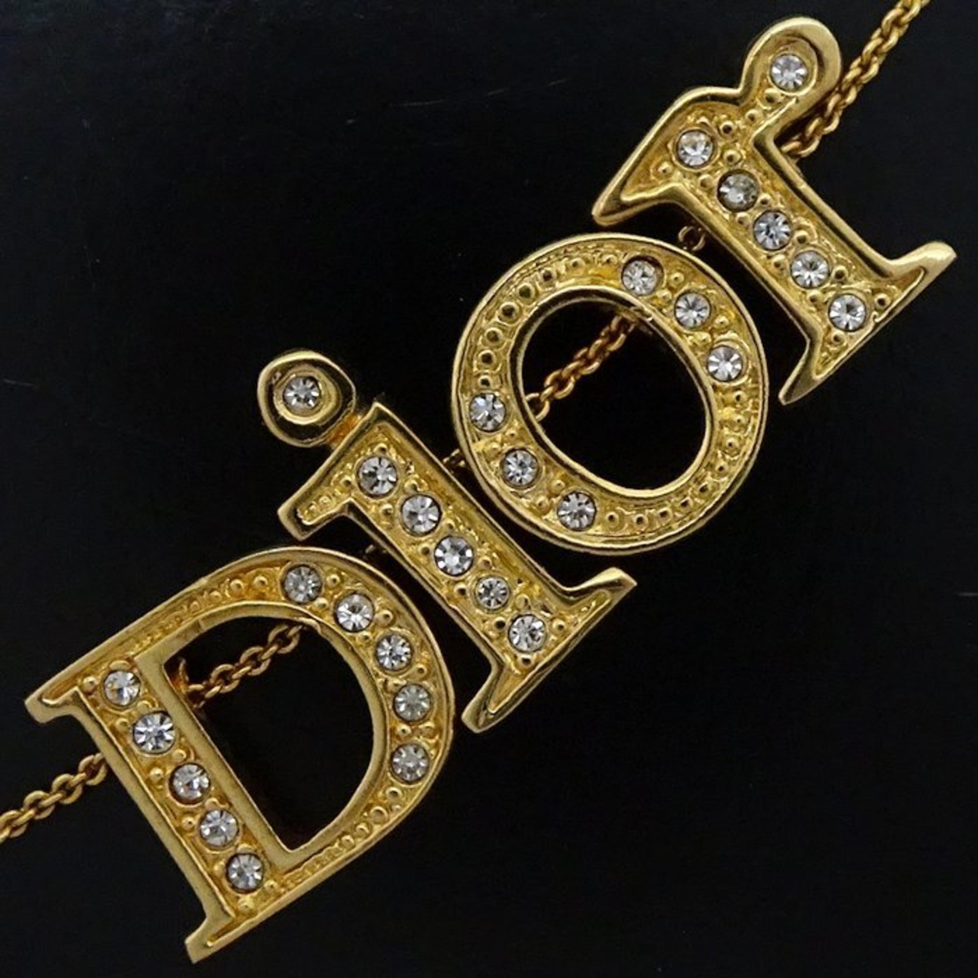 Christian Dior Logo Necklace Rhinestone GP Gold Plated 290880
