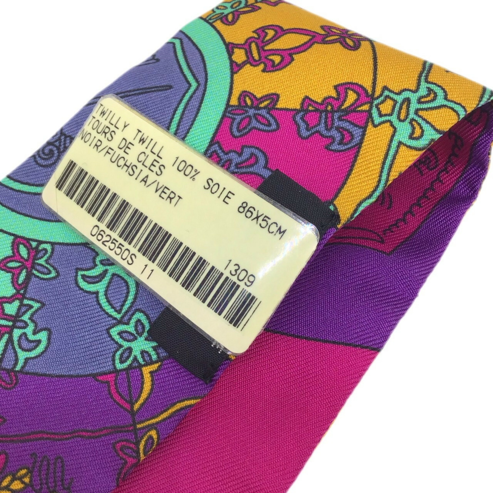 HERMES TOURS DE CLES Key Spiral Fuchsia Black Twilly Scarf Collar Silk Bag Accessories Ladies
