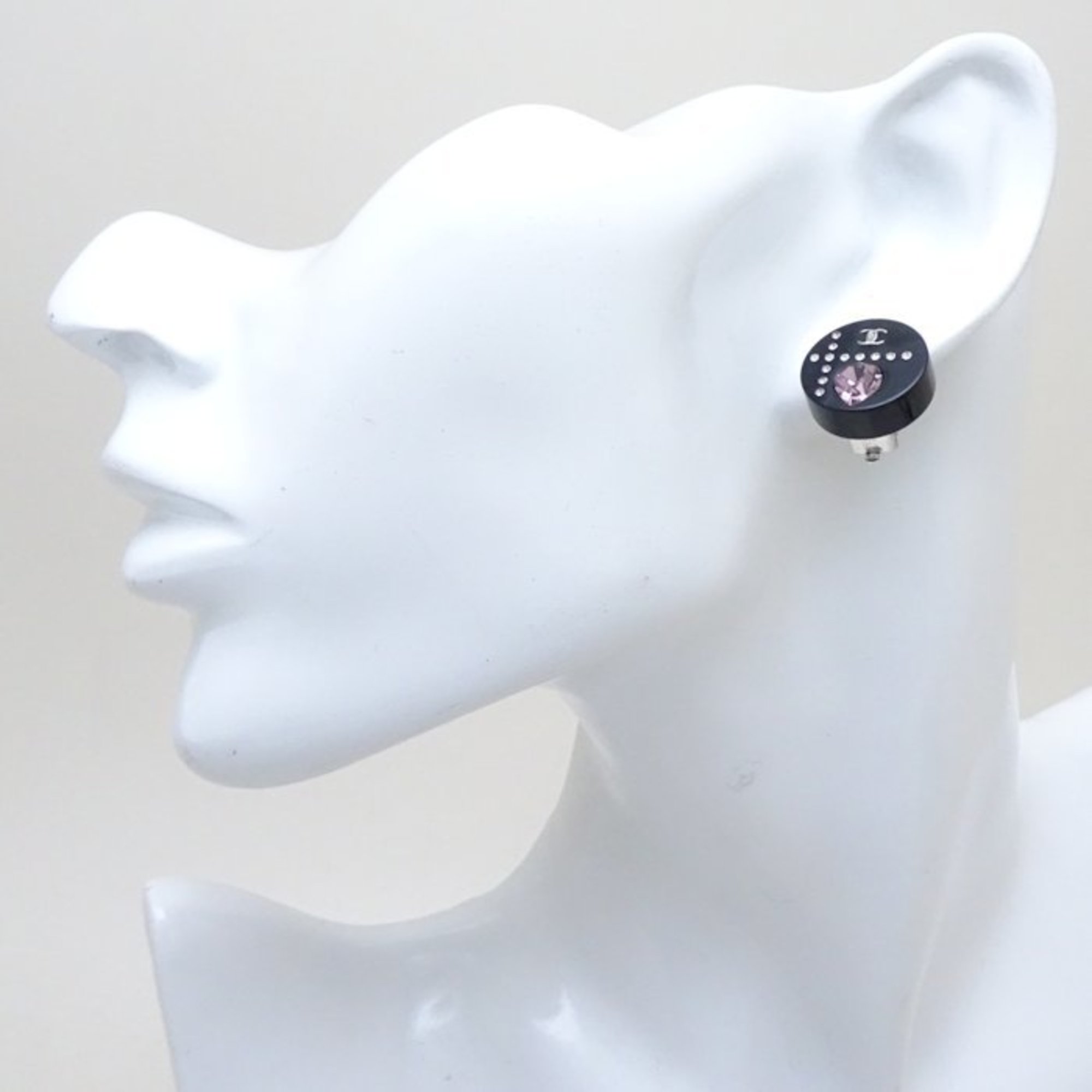 CHANEL Cocomark Heart Earrings 04A Rhinestone Black Plastic 290954