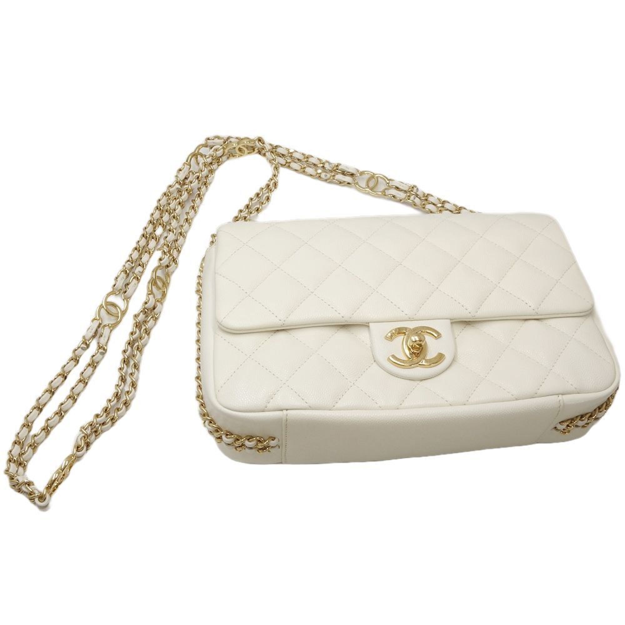 CHANEL Matelasse Flap Chain Shoulder Bag AS3777 Crossbody Caviar Skin White 450265