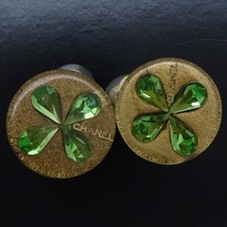 CHANEL 01C Earrings Clover Rhinestone Green x Gold GP Plated 290956