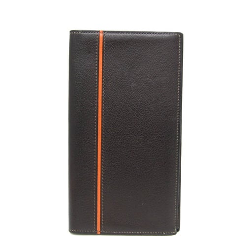 Hermes MC2 Fleming Men,Women Evergrain Leather Long Bill Wallet (bi-fold) Dark Brown,Orange