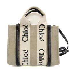 Chloé Woody CHC22AS397 Women's Cotton Canvas,Leather Handbag,Shoulder Bag Beige,Navy