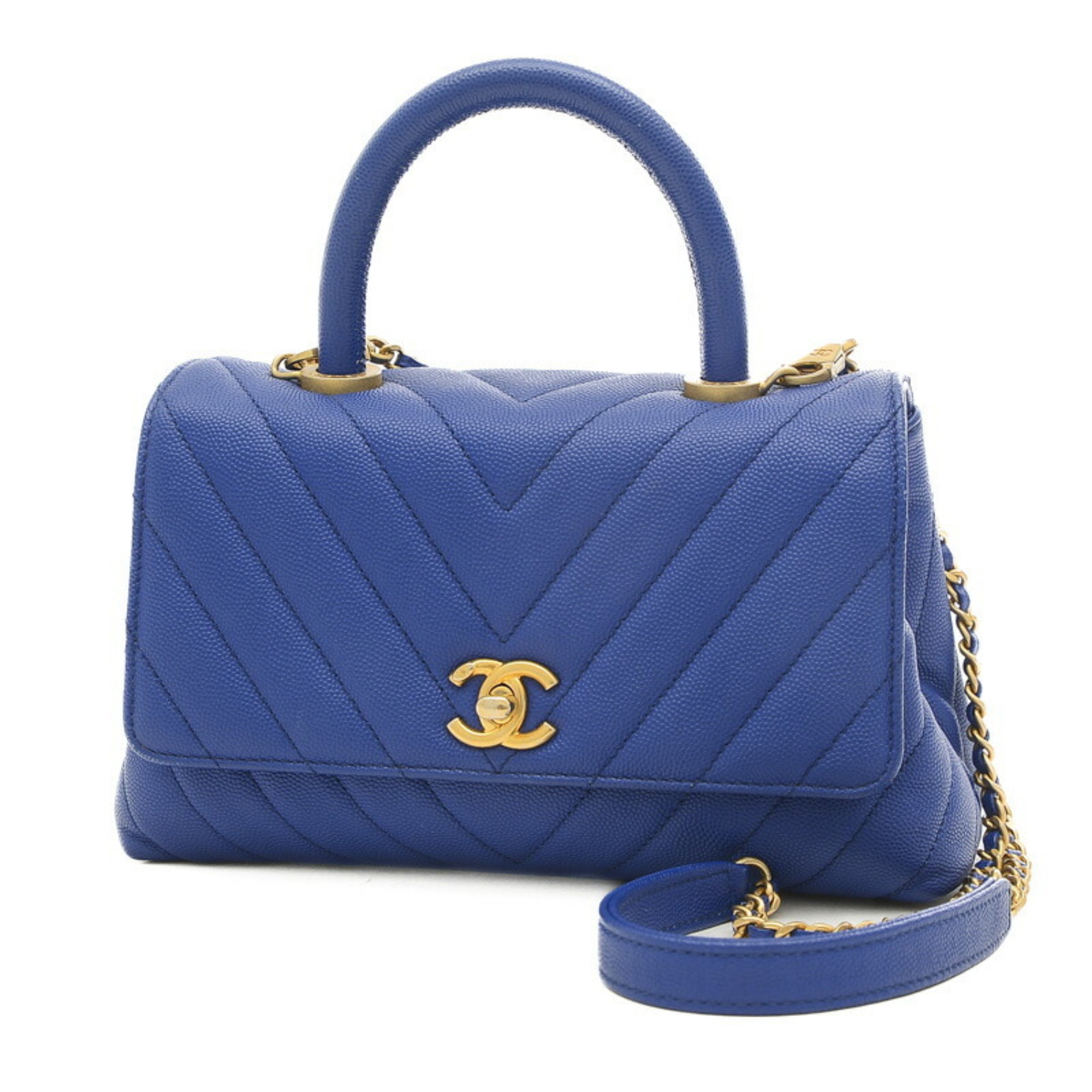 Chanel Coco Handle XS V Stitch 2Way Bag Caviar Skin Blue A92990