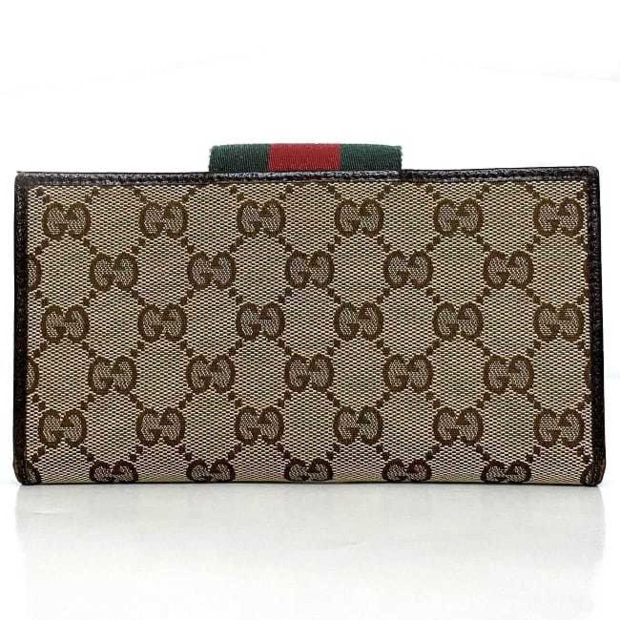 Gucci Bifold Long Wallet Beige Brown Webbing Line 181668 Folding Canvas Leather GUCCI Striped Border Women's Green Red