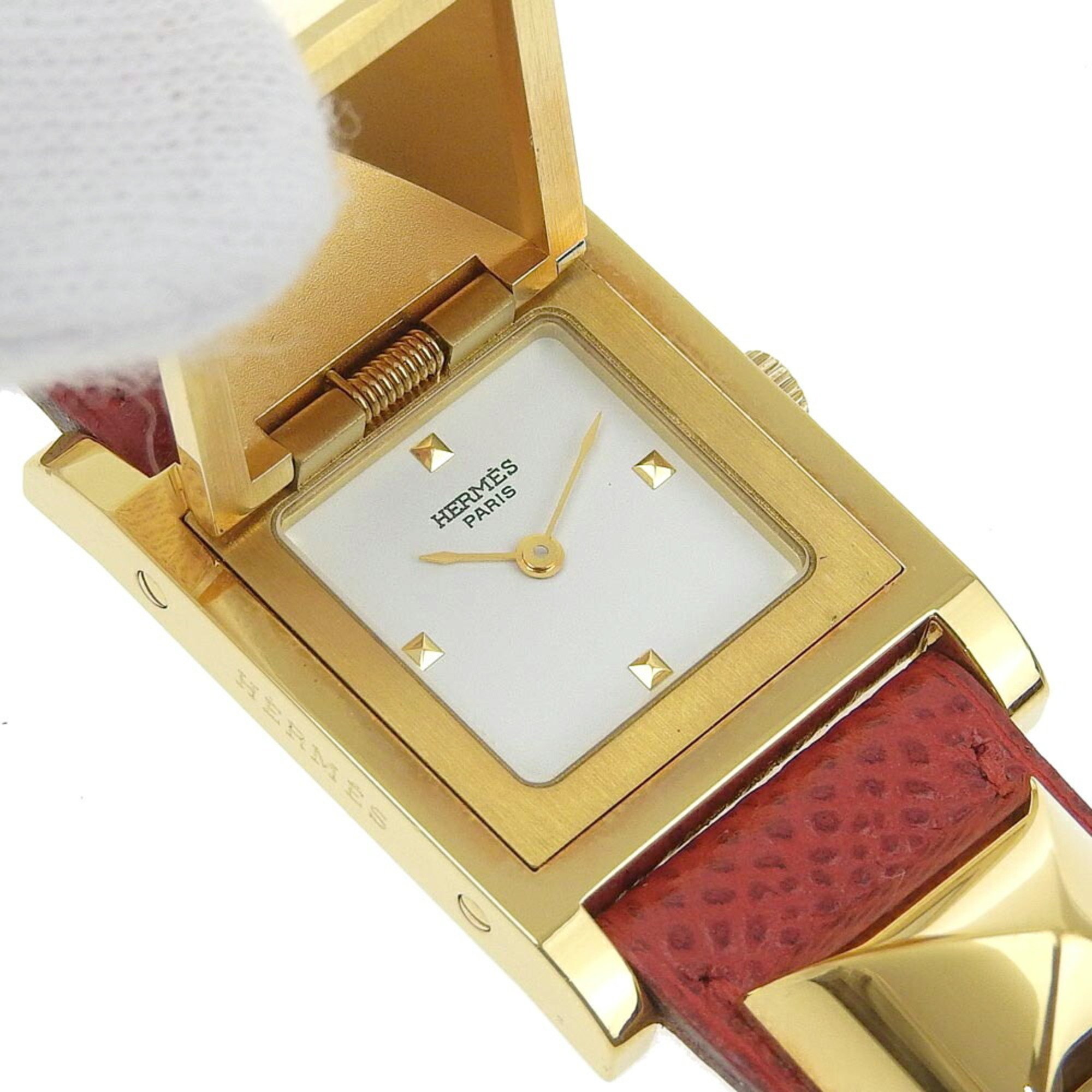 Hermes Medor Watch Gold Plated x Leather 1995 〇Y Quartz Analog Display White Dial Ladies I211723022