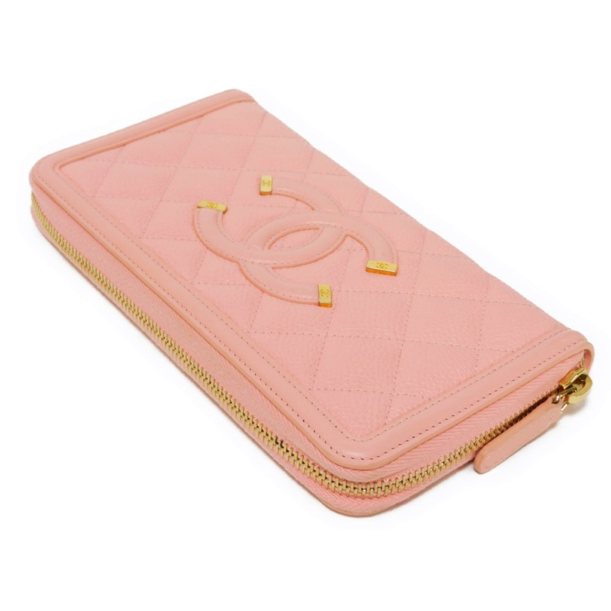 CHANEL Long Wallet Zip Round 27 Series CC Filigree Matelasse Coco Mark Light Pink A84449 Women's Billfold