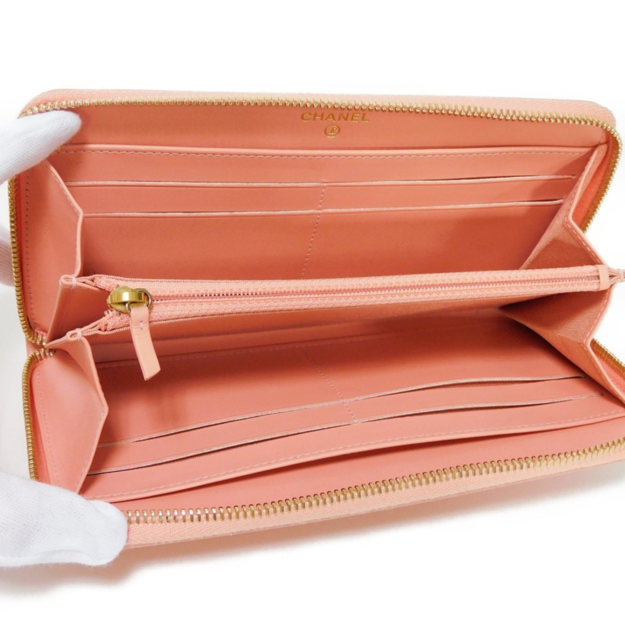 CHANEL Long Wallet Zip Round 27 Series CC Filigree Matelasse Coco Mark Light Pink A84449 Women's Billfold