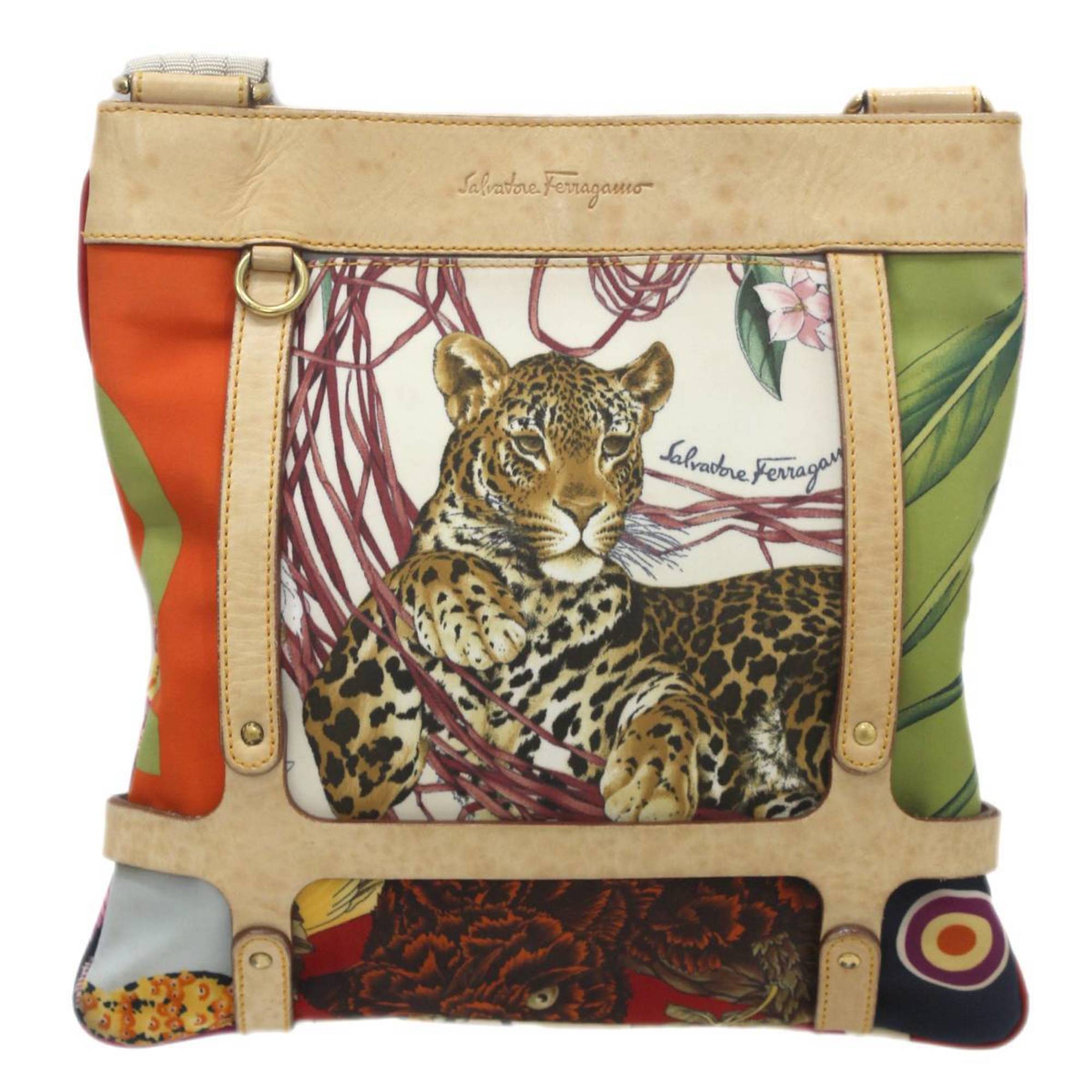 Salvatore Ferragamo Ferragamo Animal Leopard Print Shoulder Bag Nylon, Leather Multicolor AU-21 6403