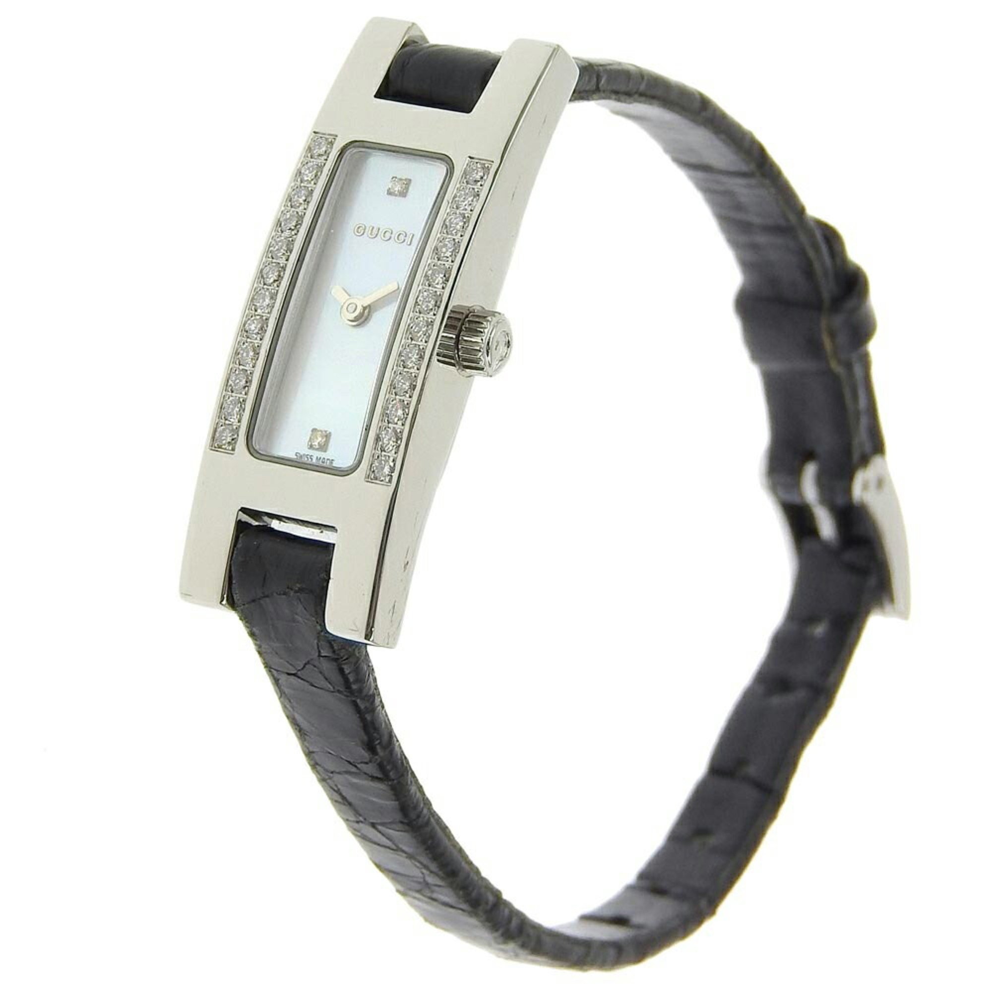 GUCCI Bezel Side Diamond Watch 2P 3900L Stainless Steel x Leather Black Quartz White Shell Dial Women's I100223046