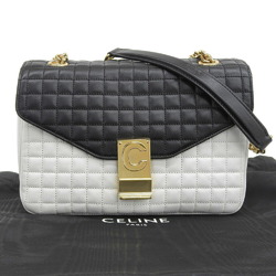 Celine CELINE C Medium Quilted Chain Shoulder Bag Leather Bicolor White Black