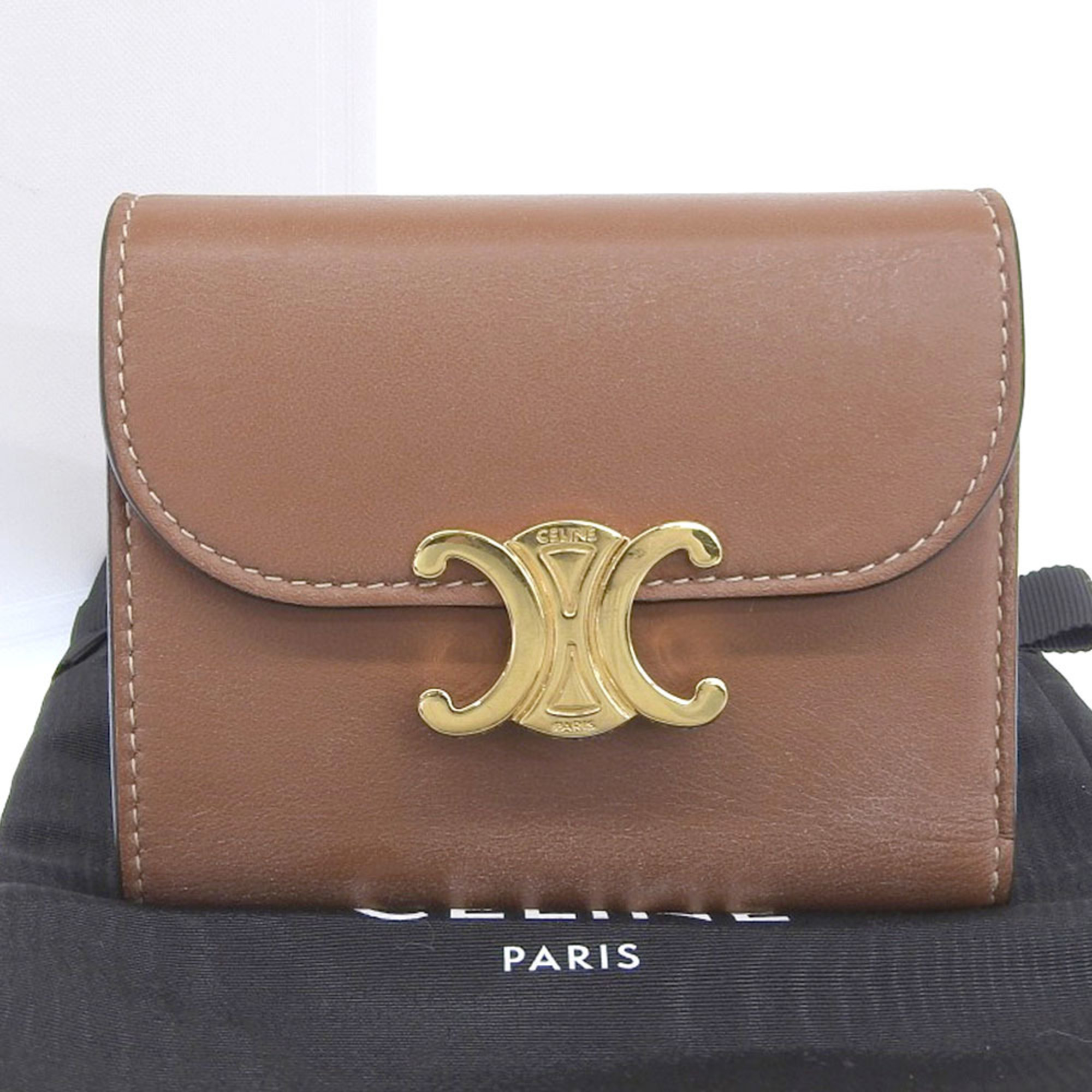 Celine Triomphe Small Wallet Flap Trifold Leather Brown 10D783DPV