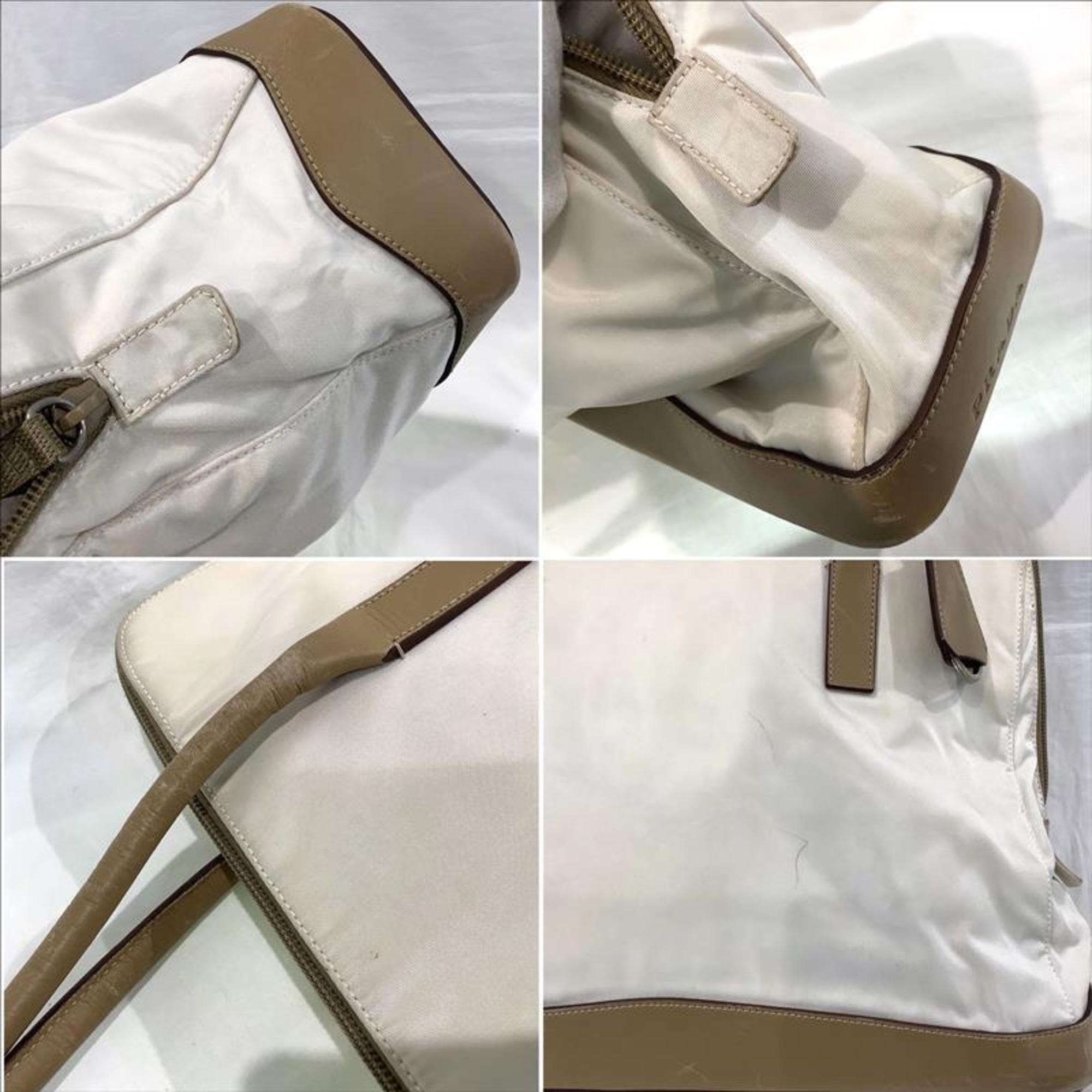 PRADA Nylon Leather Handbag White Beige KB-7936