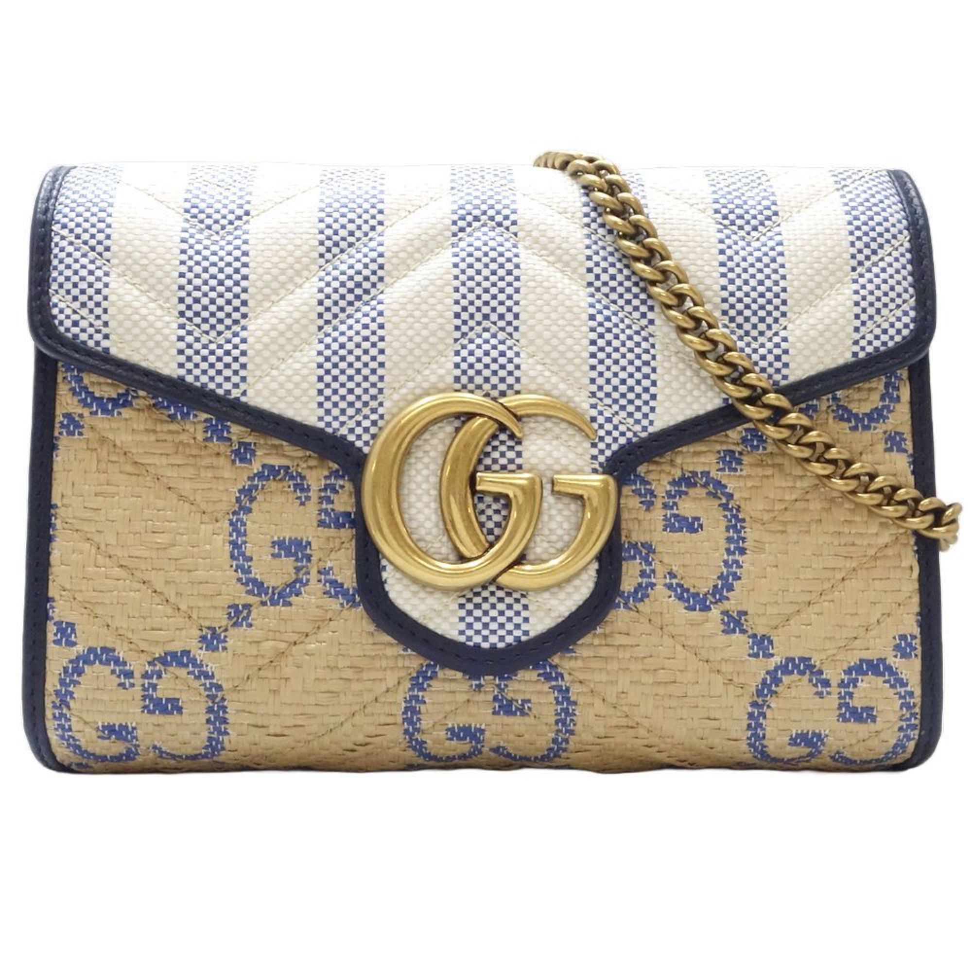 GUCCI Gucci GG Marmont Chain Shoulder 474575 Wallet Raffia x Leather Light Blue Beige White 083845