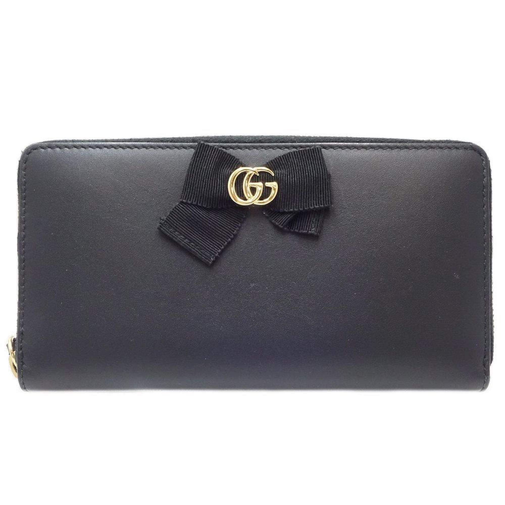 GUCCI Gucci Round Zipper 453819 Long Wallet GG Marmont Leather Black 083877