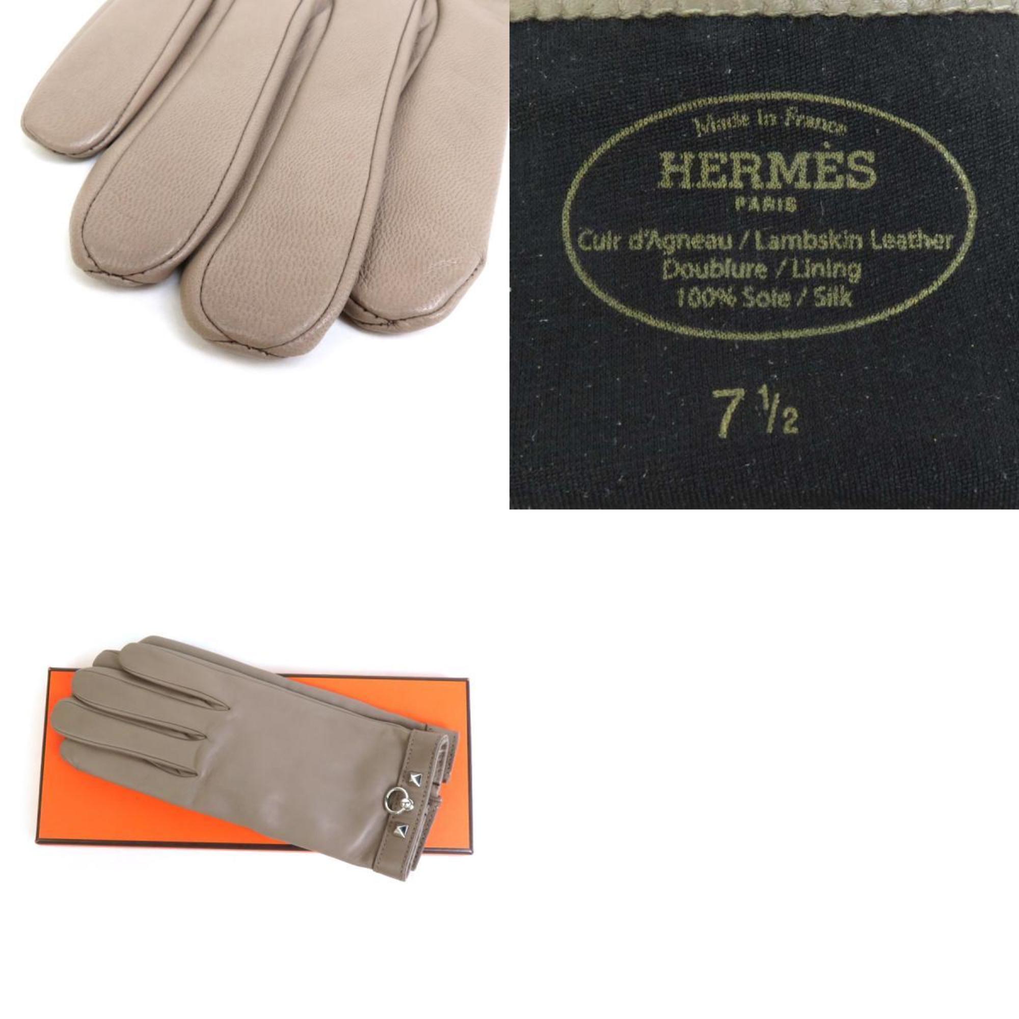 HERMES Gloves Leather/Metal Greige/Silver Ladies