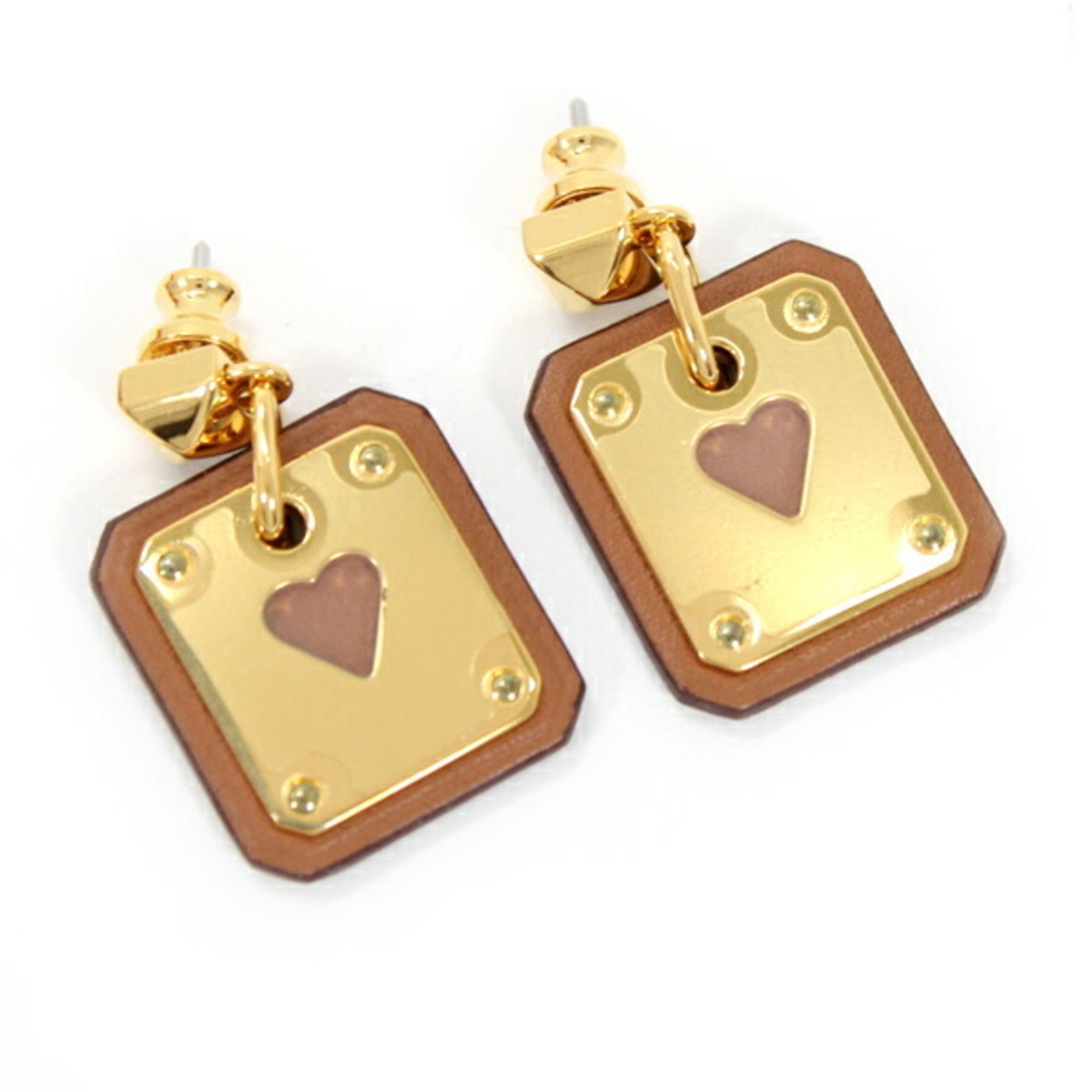 Hermes Earrings Ace of Heart As de Coeur Swift Leather Gold Brown Y Engraved Playing Cards Women's HERMES Convenient T3895