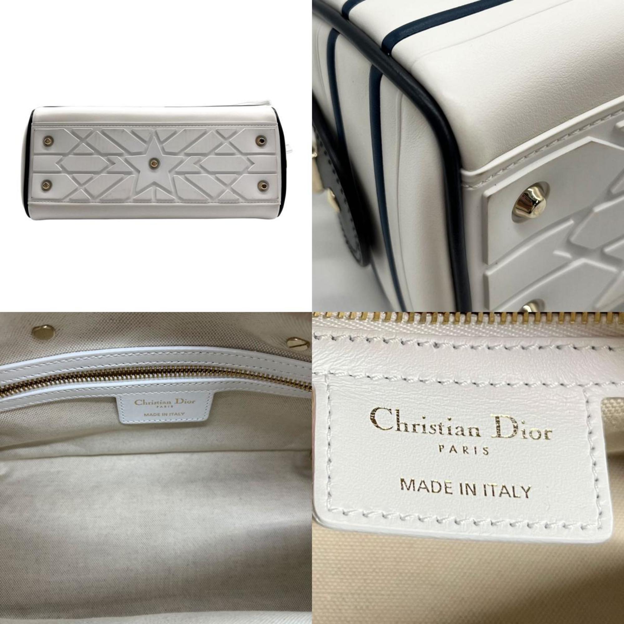 Christian Dior Handbag Crossbody Shoulder Bag Vibe Small Bowling Leather White x Navy Ladies