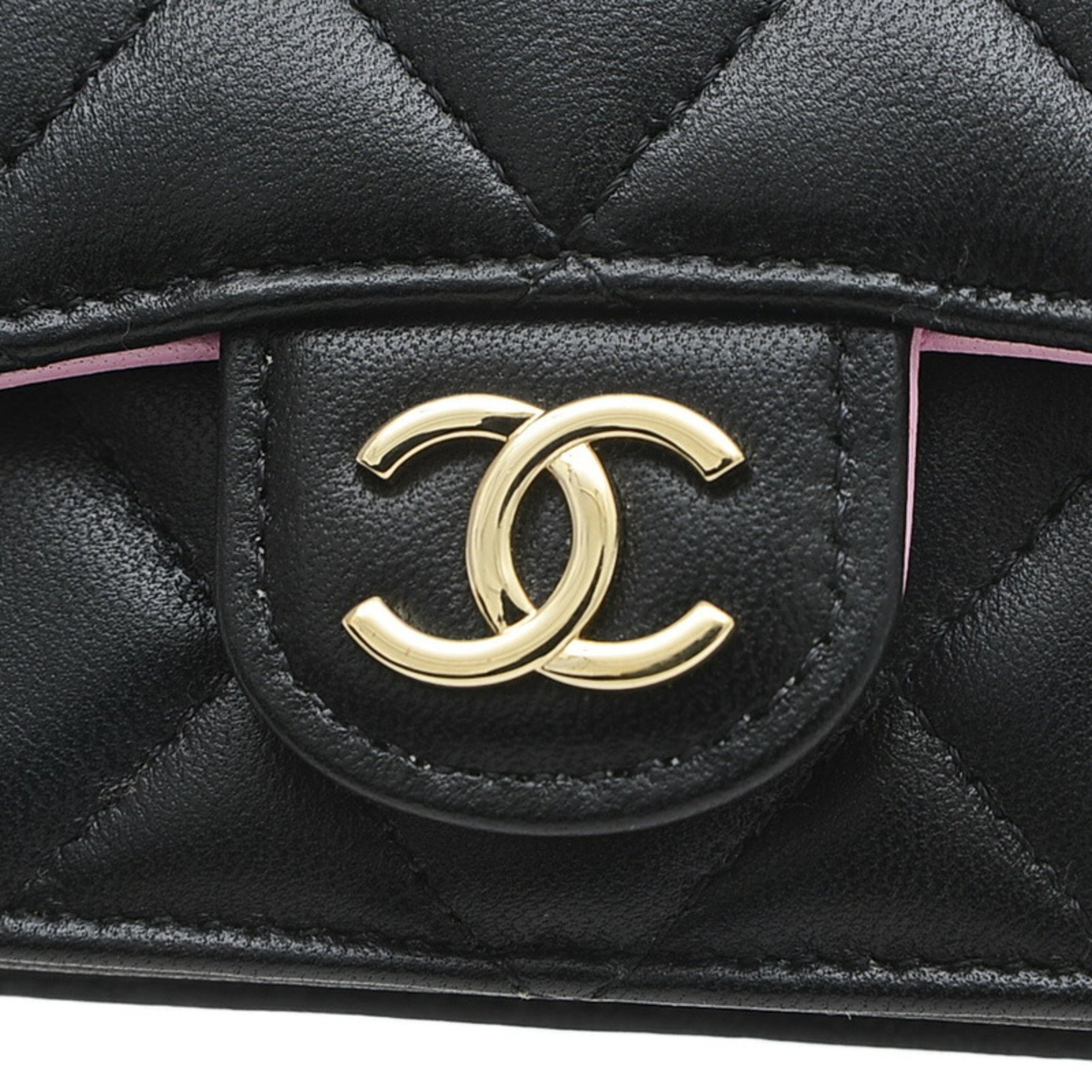 Chanel Chain Shoulder Bag Pouch Lambskin Black Pink