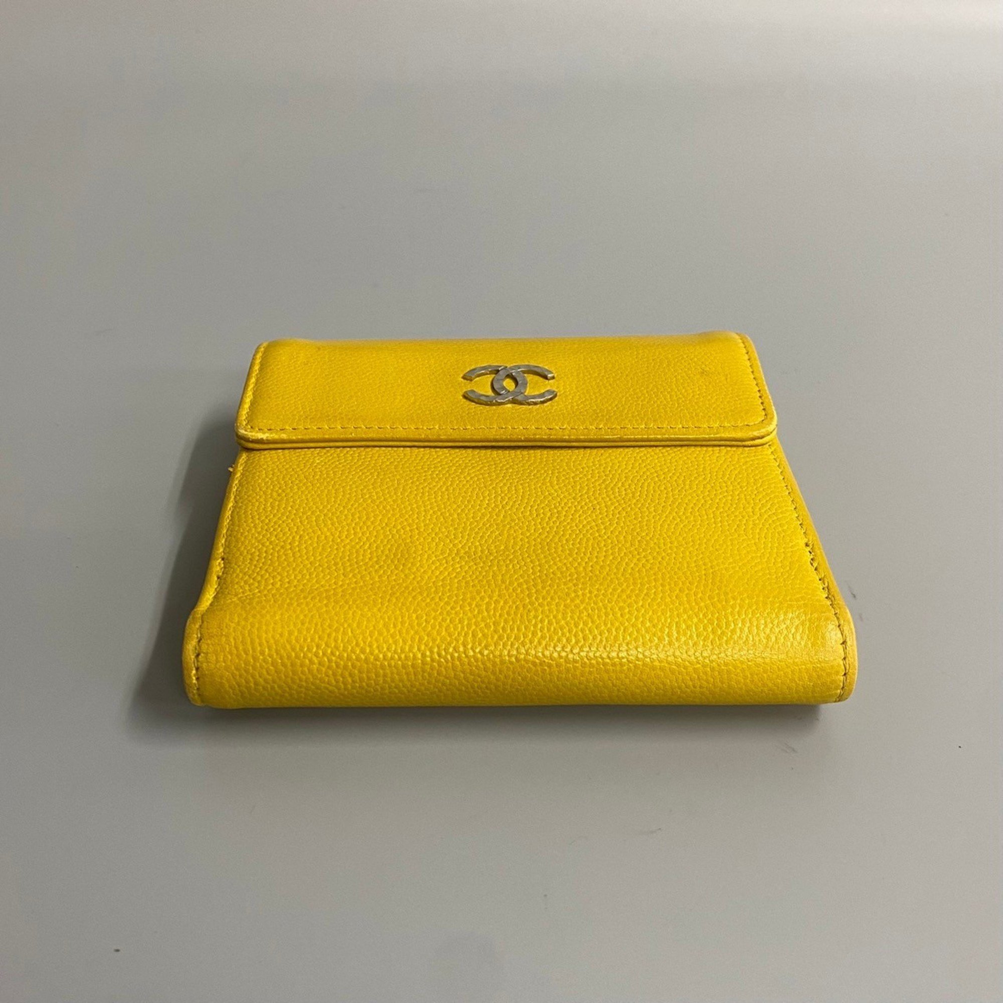 CHANEL Caviar skin leather W bifold wallet compact yellow 44010