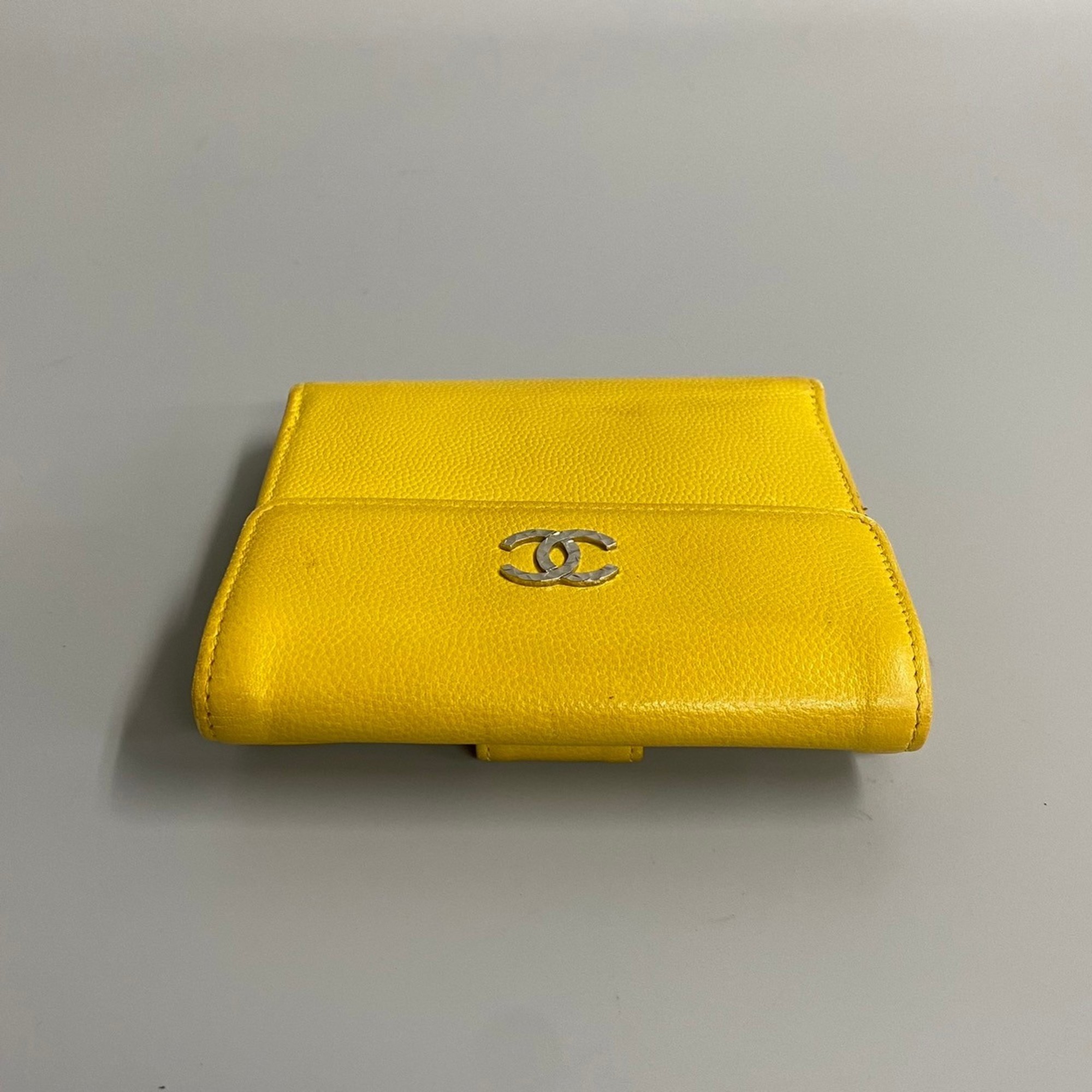 CHANEL Caviar skin leather W bifold wallet compact yellow 44010