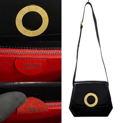 CELINE Circle Metal Fittings Calf Leather Shoulder Bag Pochette Black Red Lining 24315