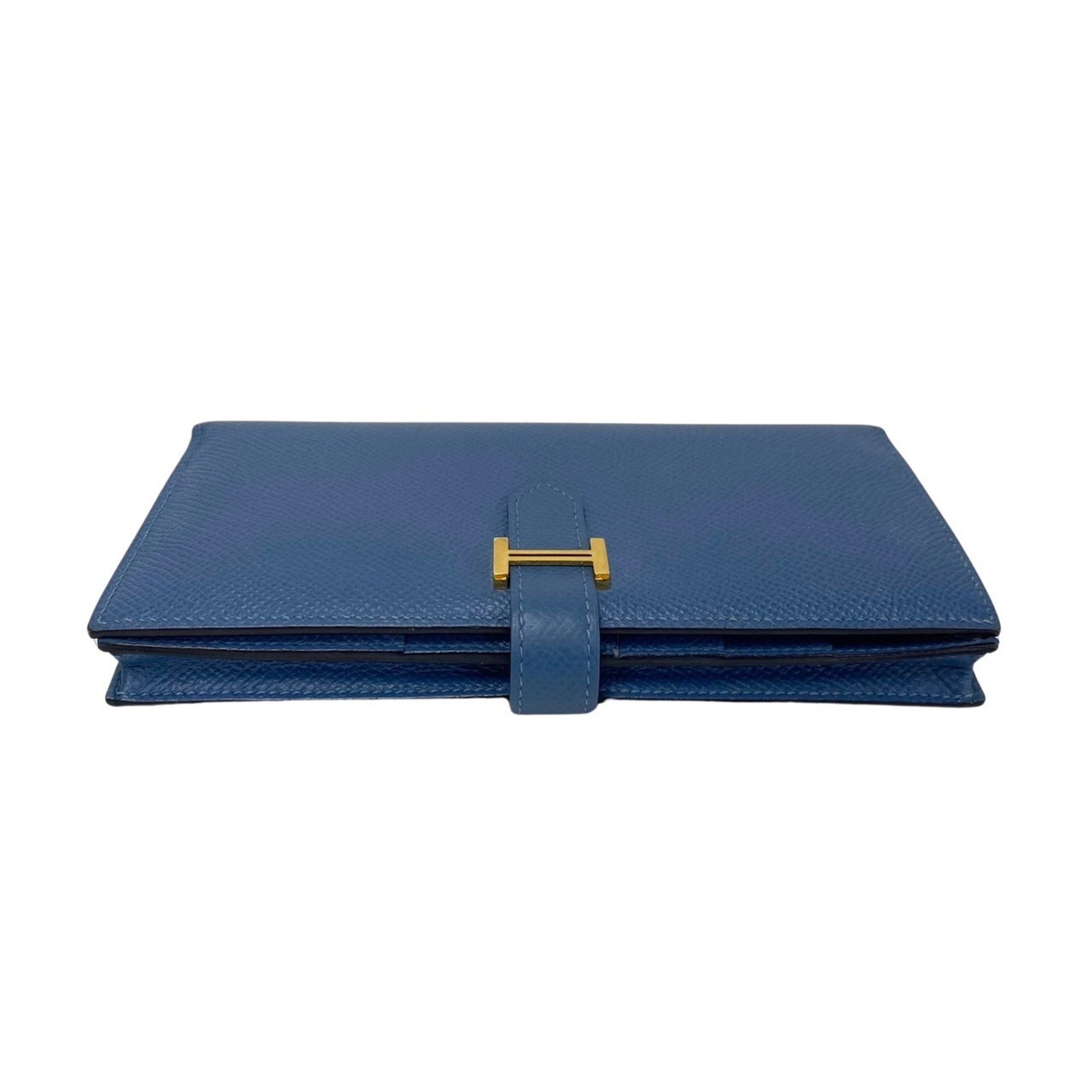 HERMES Beance Soufflé Metal Fittings Vaux Epson Leather Bifold Long Wallet Blue 201-6