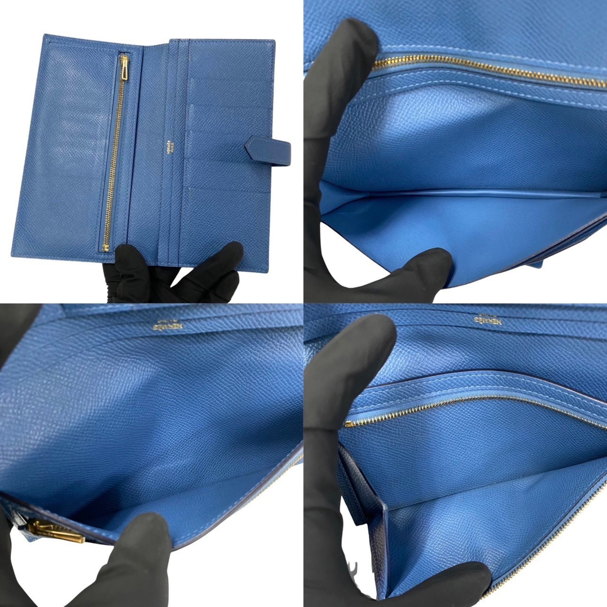 HERMES Beance Soufflé Metal Fittings Vaux Epson Leather Bifold Long Wallet Blue 201-6