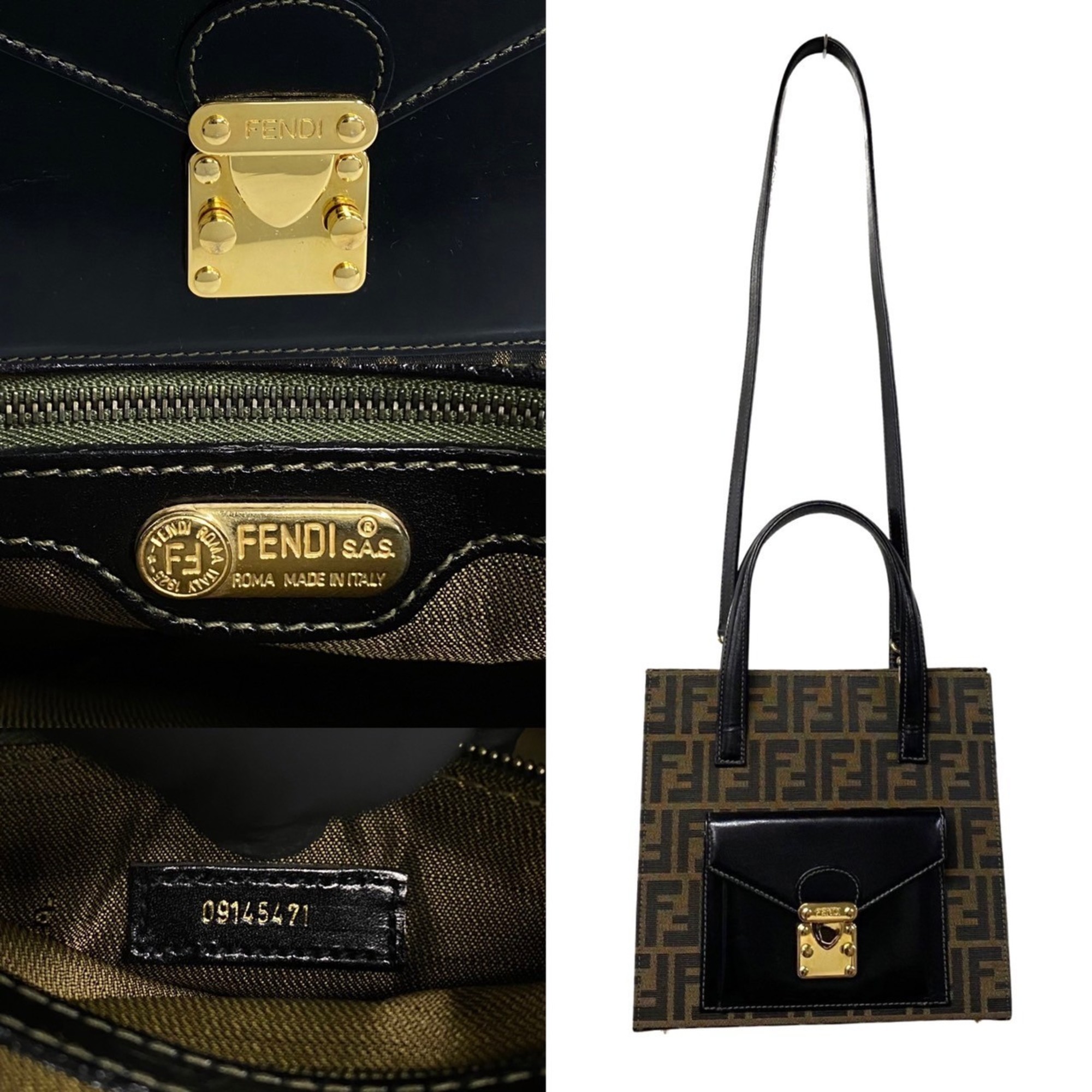 FENDI Zucca FF pattern metal fittings leather canvas 2way shoulder bag handbag black 16898