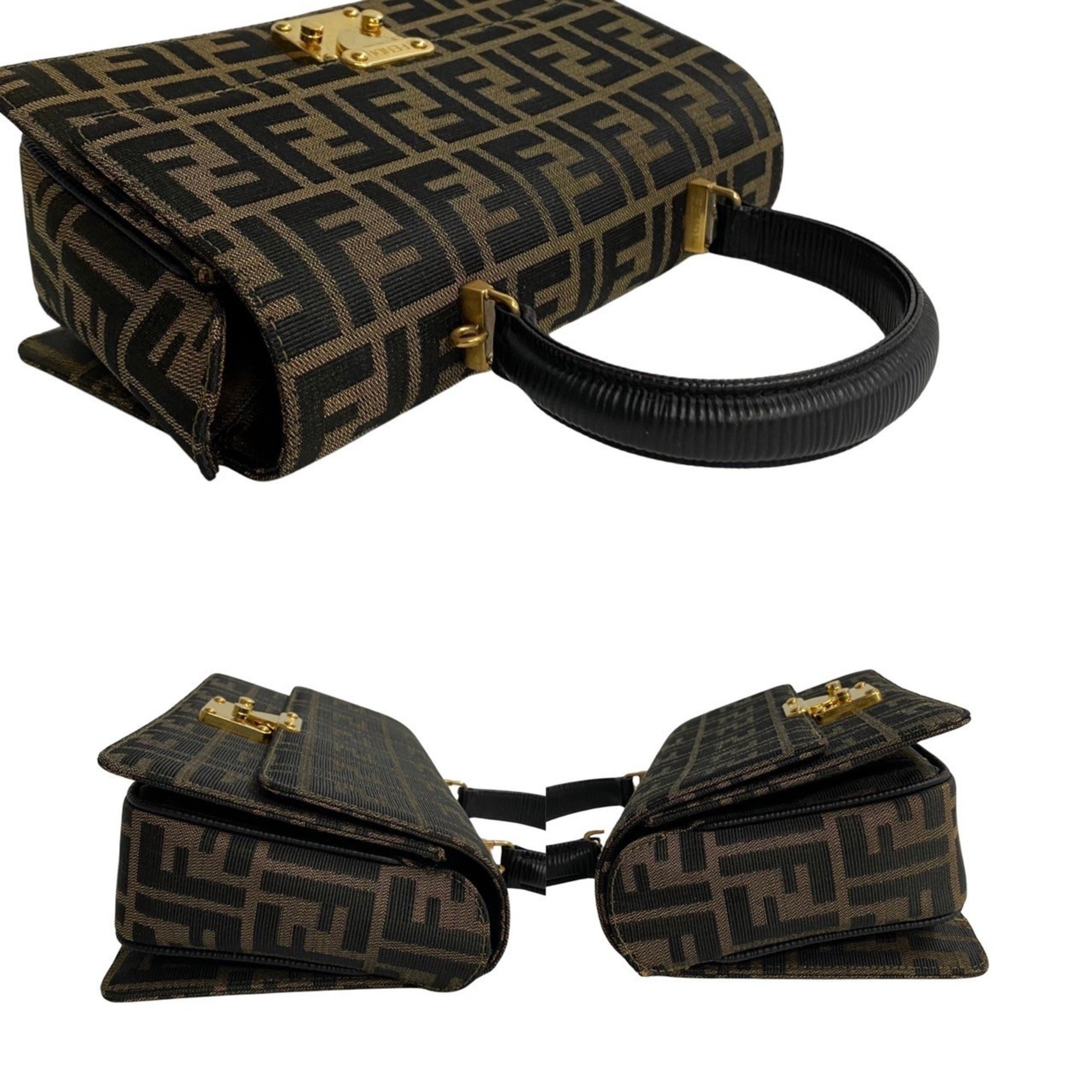 FENDI Zucca pattern metal fittings canvas epi leather 2way handbag shoulder bag black khaki 59826