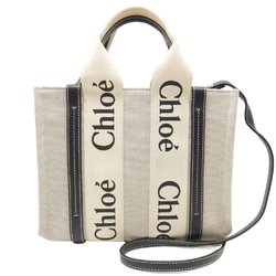 Chloé Chloe Woody Small Tote Bag CHC21WS39 Canvas x Calf White Navy 250412