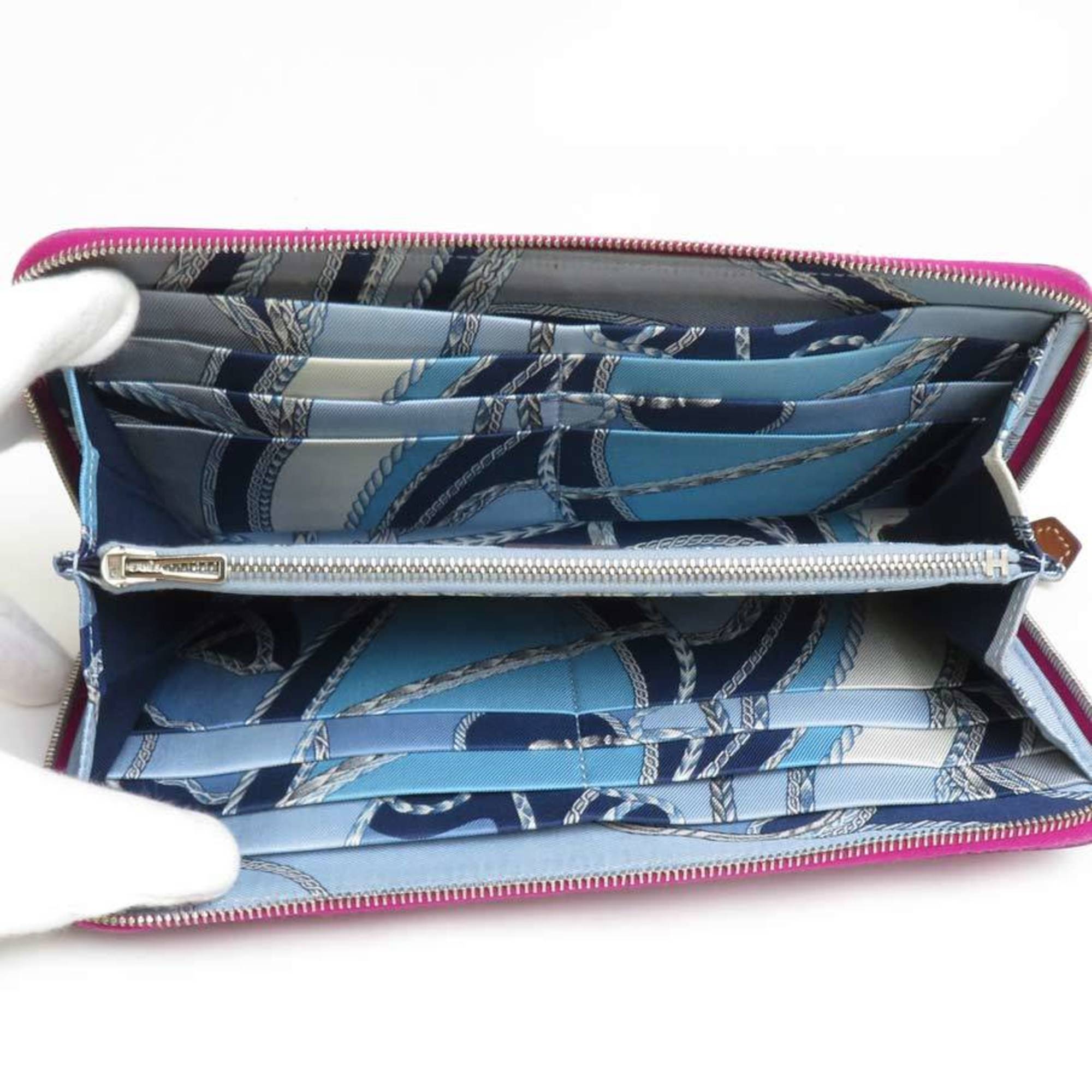 HERMES Round Zipper Long Wallet Azap Silk-in Leather/Silk Purple/Blue Ladies