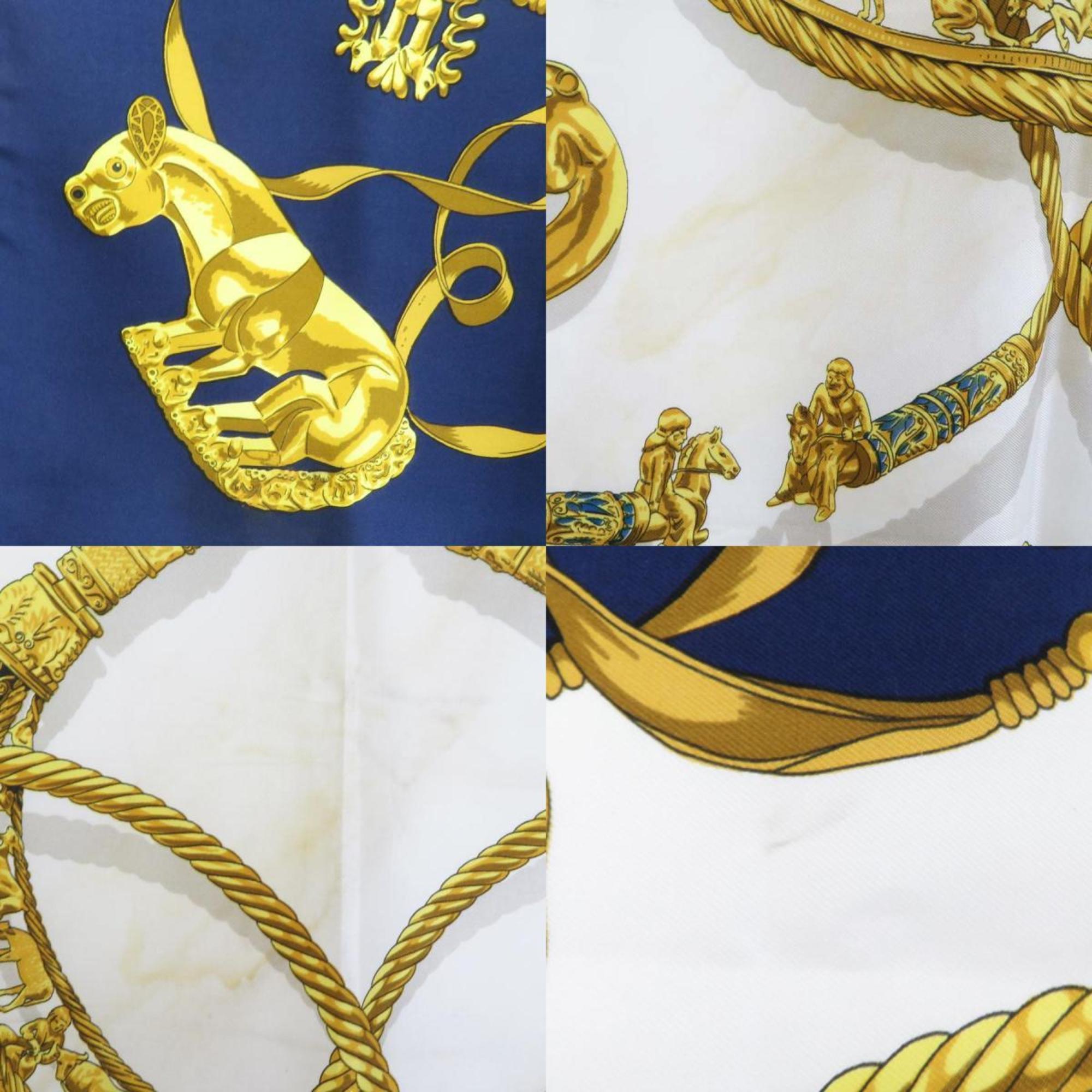 HERMES Scarf Muffler Carre90 LES CAVALIERS D'OR Silk Navy/White/Gold Ladies