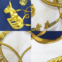 HERMES Scarf Muffler Carre90 LES CAVALIERS D'OR Silk Navy/White/Gold Ladies