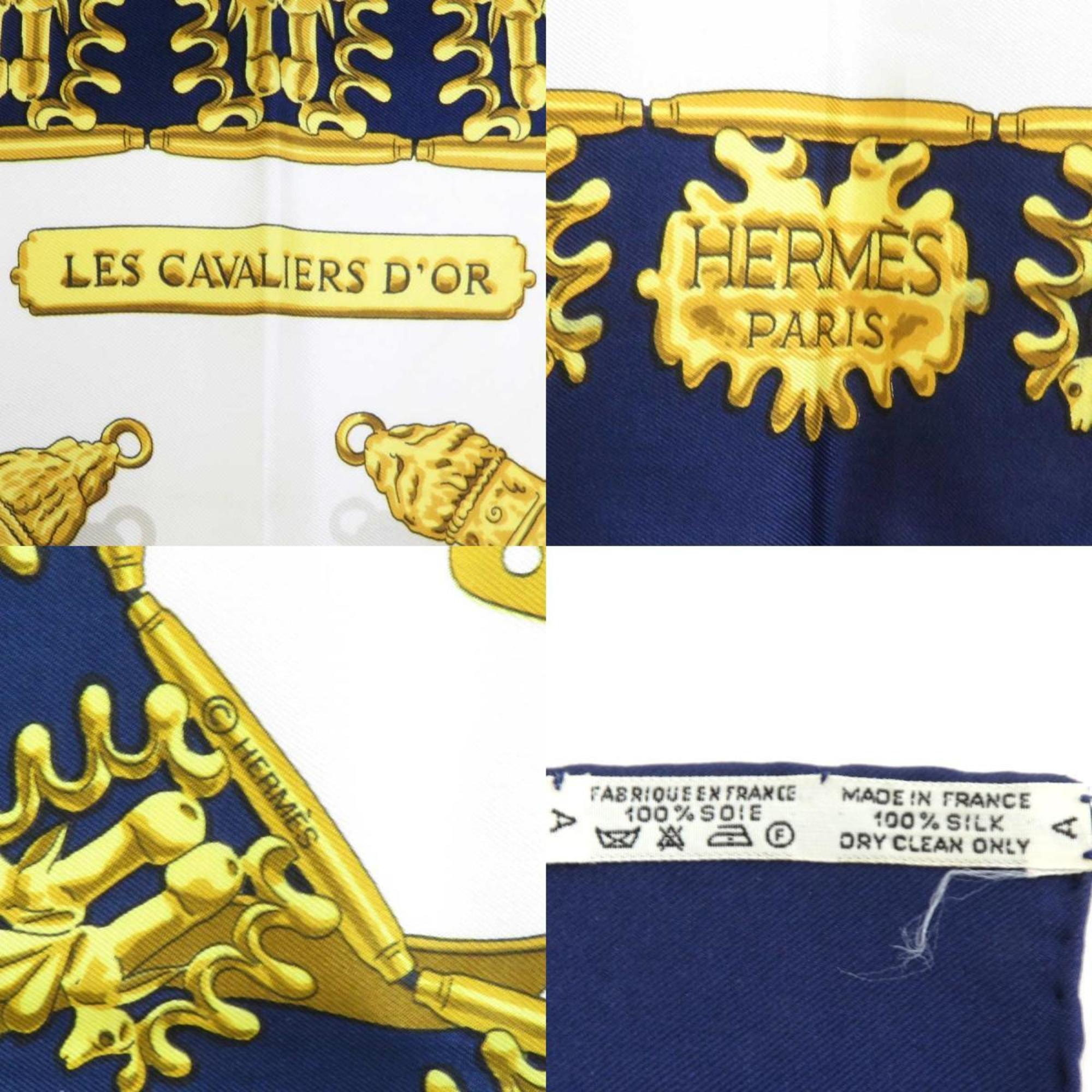 HERMES Scarf Muffler Carre90 LES CAVALIERS D'OR Silk Navy/White/Gold Ladies