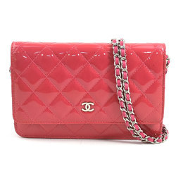 CHANEL Wallet Chain Matelasse Patent Leather/Metal Pink/Silver Ladies