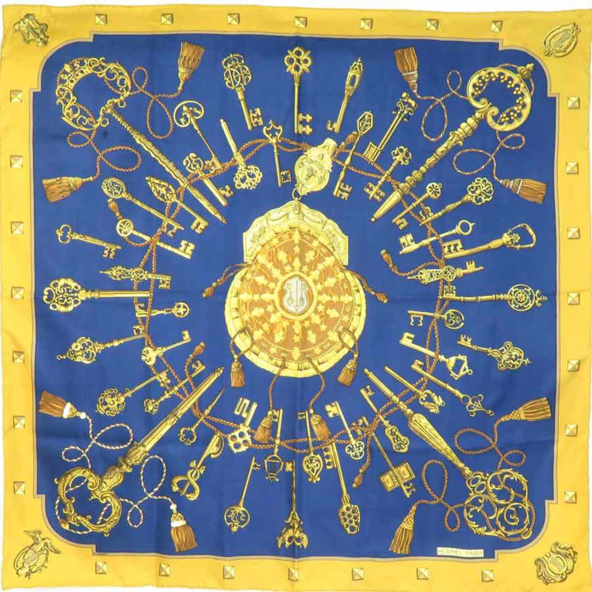 HERMES Scarf Muffler Carre90 Silk Gold/Navy Ladies