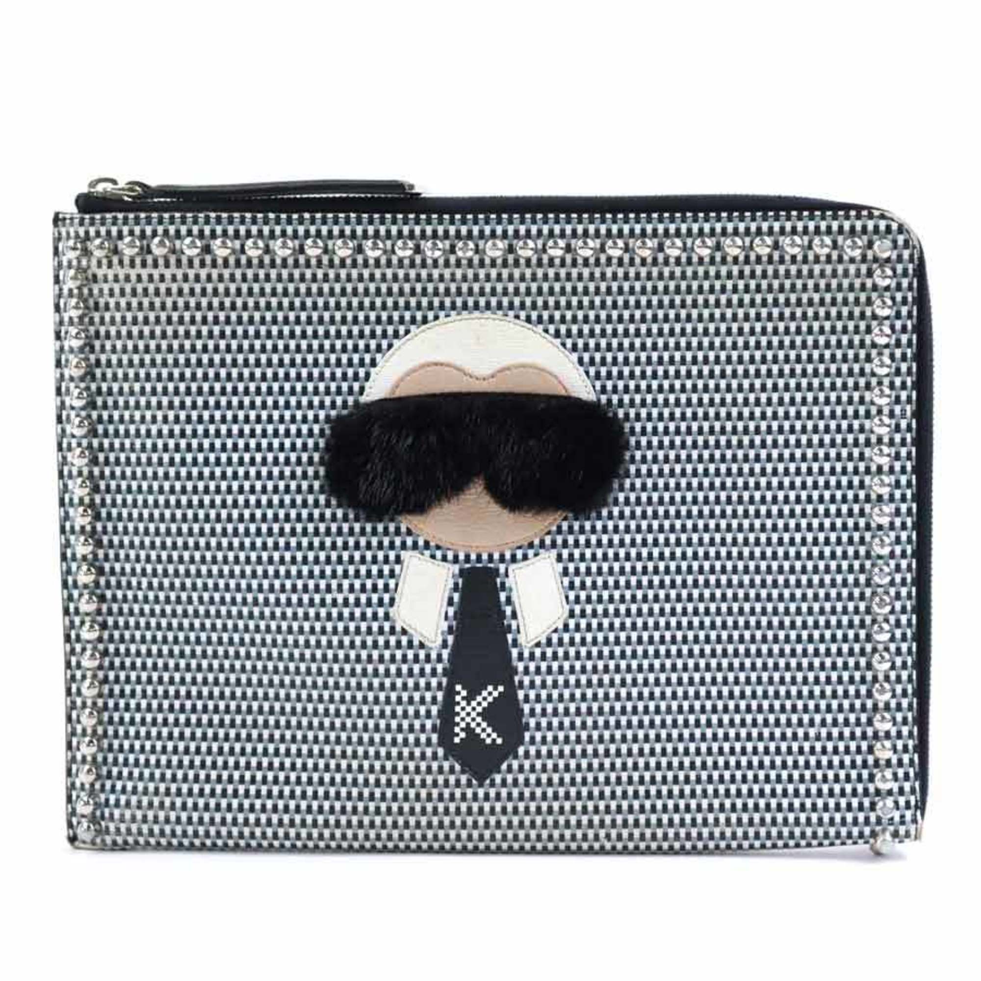 FENDI Clutch Bag Leather/Metal/Fur Black x White Gray Unisex 8M0370-OYF