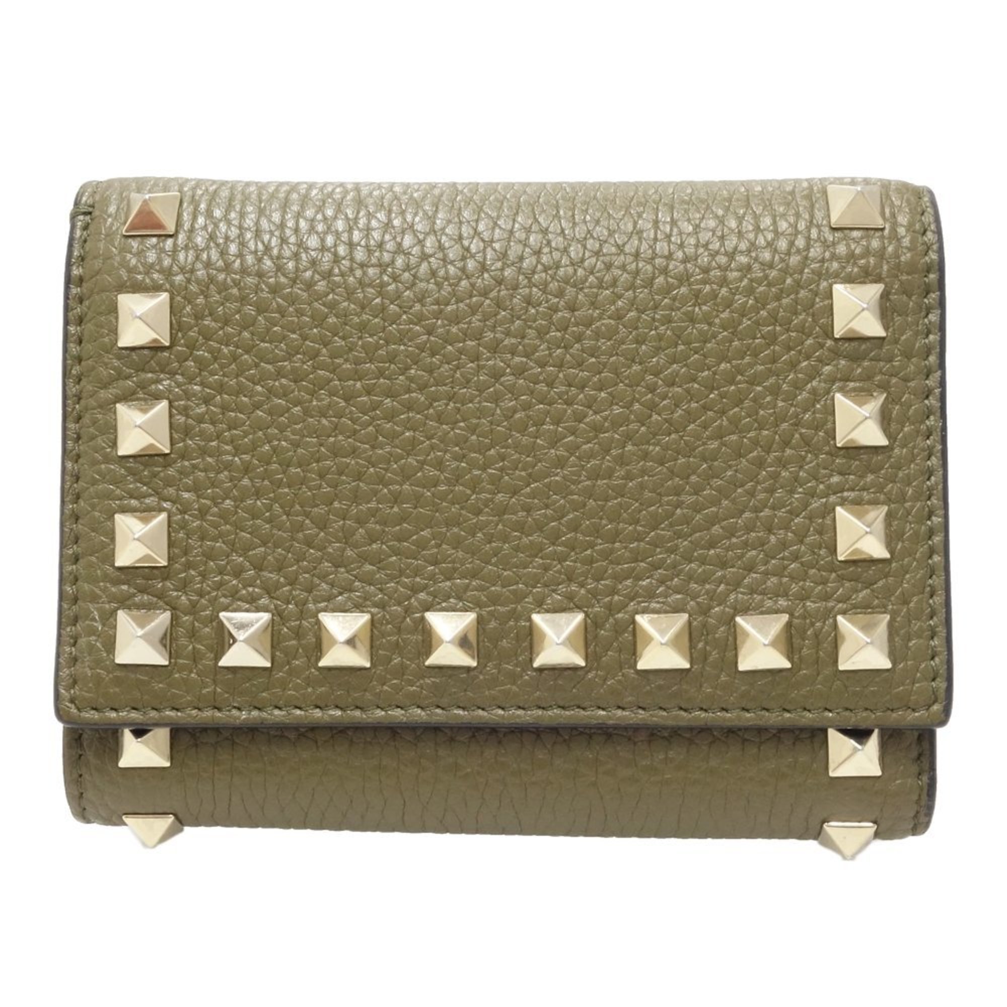 Valentino Rockstud Trifold Wallet Leather Khaki 083132