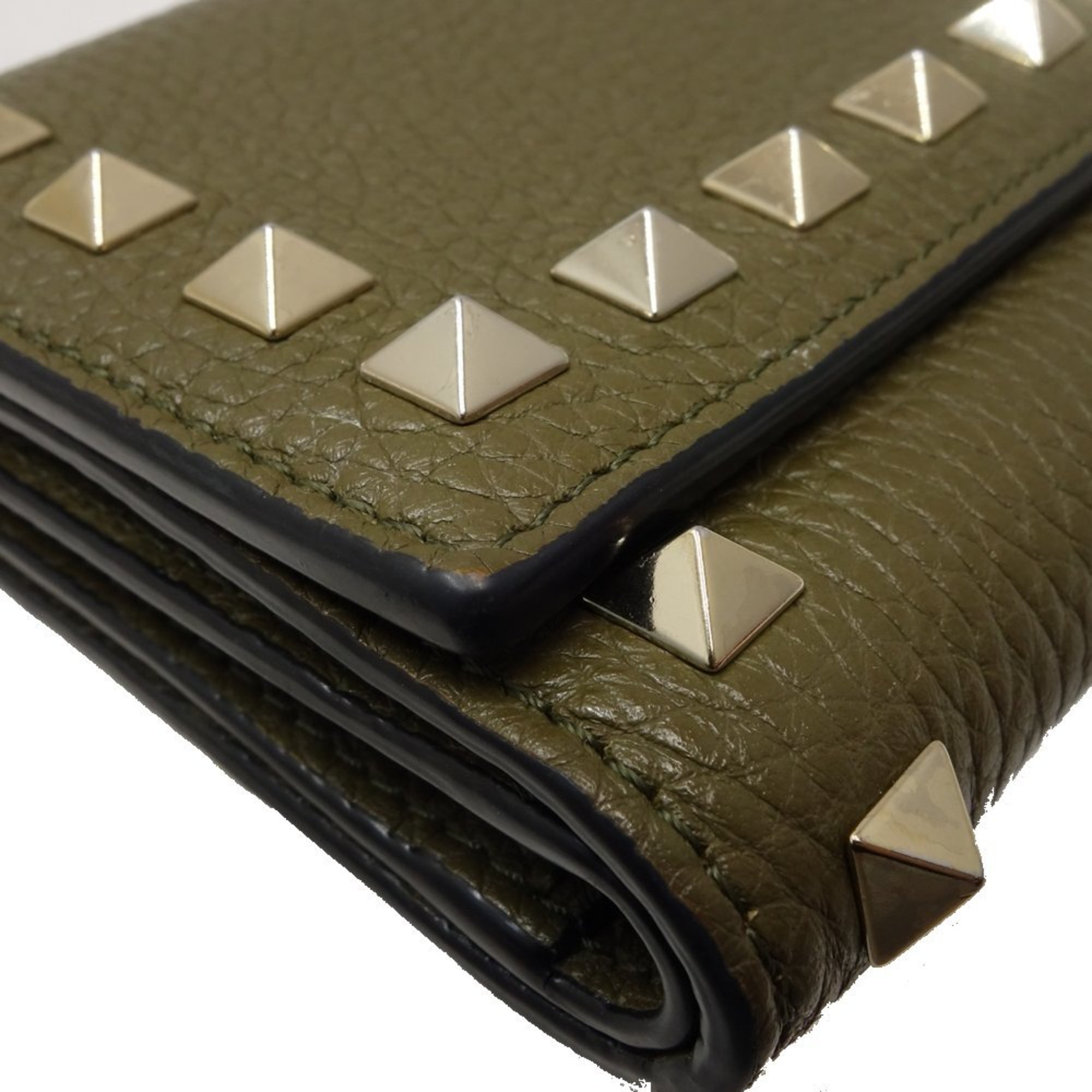 Valentino Rockstud Trifold Wallet Leather Khaki 083132