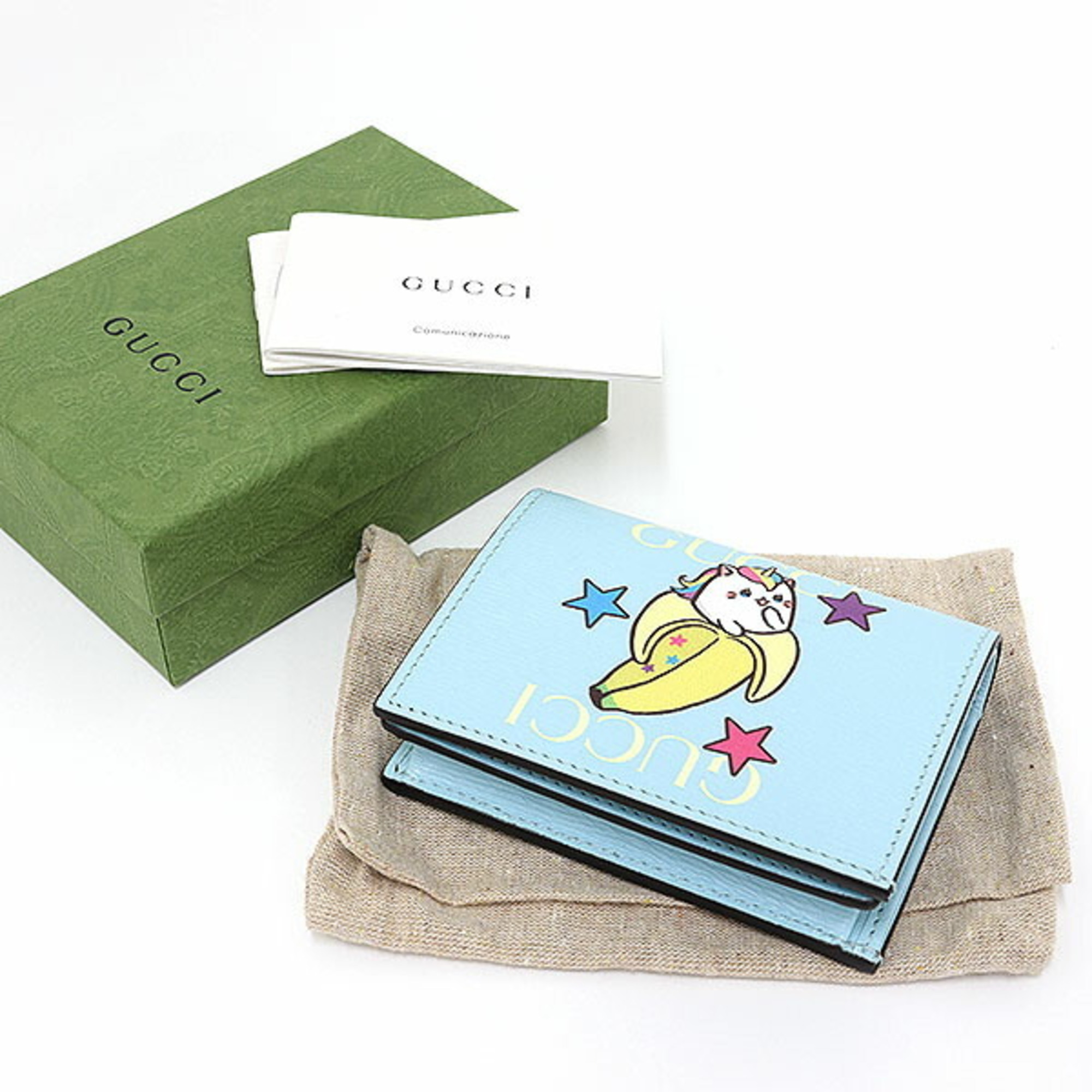 GUCCI Bananya Card Case Wallet Blue Leather Rainbow 701009
