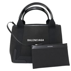 BALENCIAGA Navy Cabas Tote Bag Cotton Calfskin 339933 Black Silver Hardware