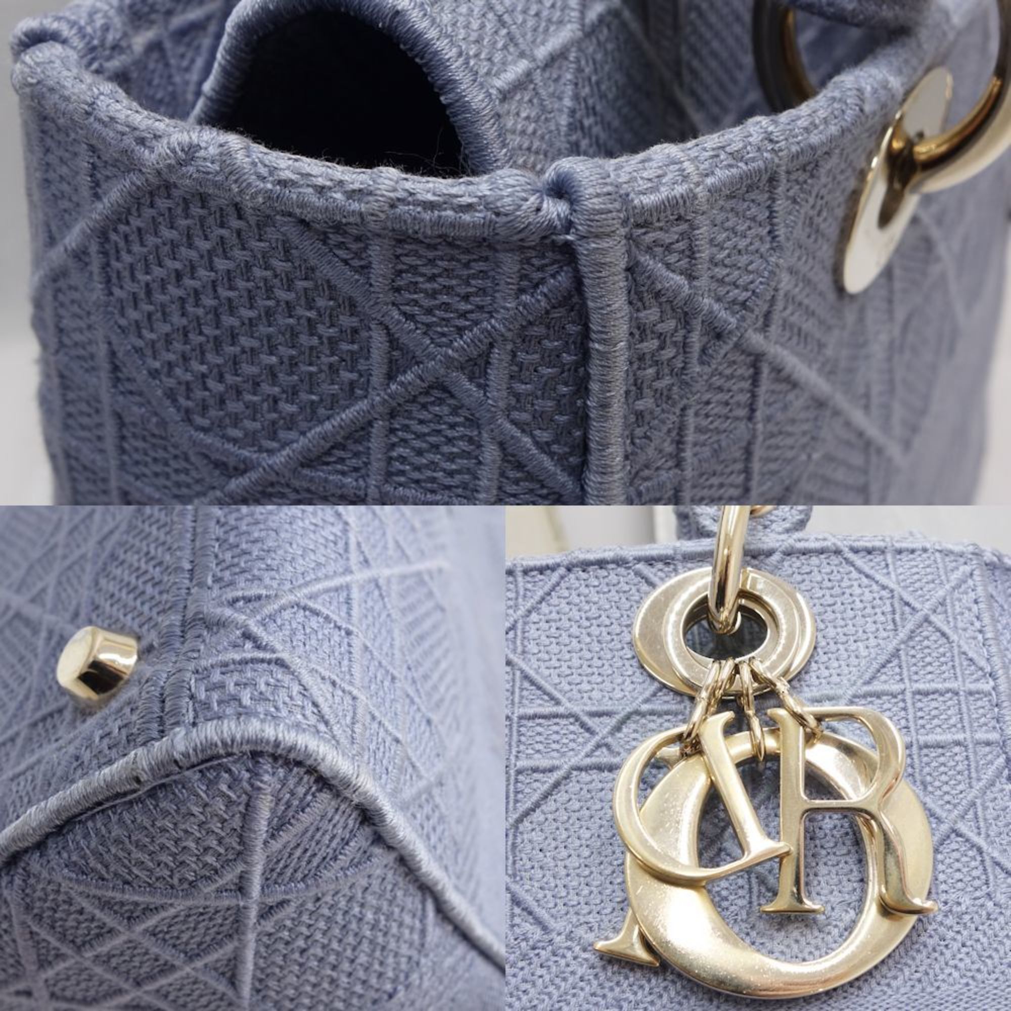Christian Dior LADY D-LITE Handbag Cannage Embroidery Canvas x Blue 450087