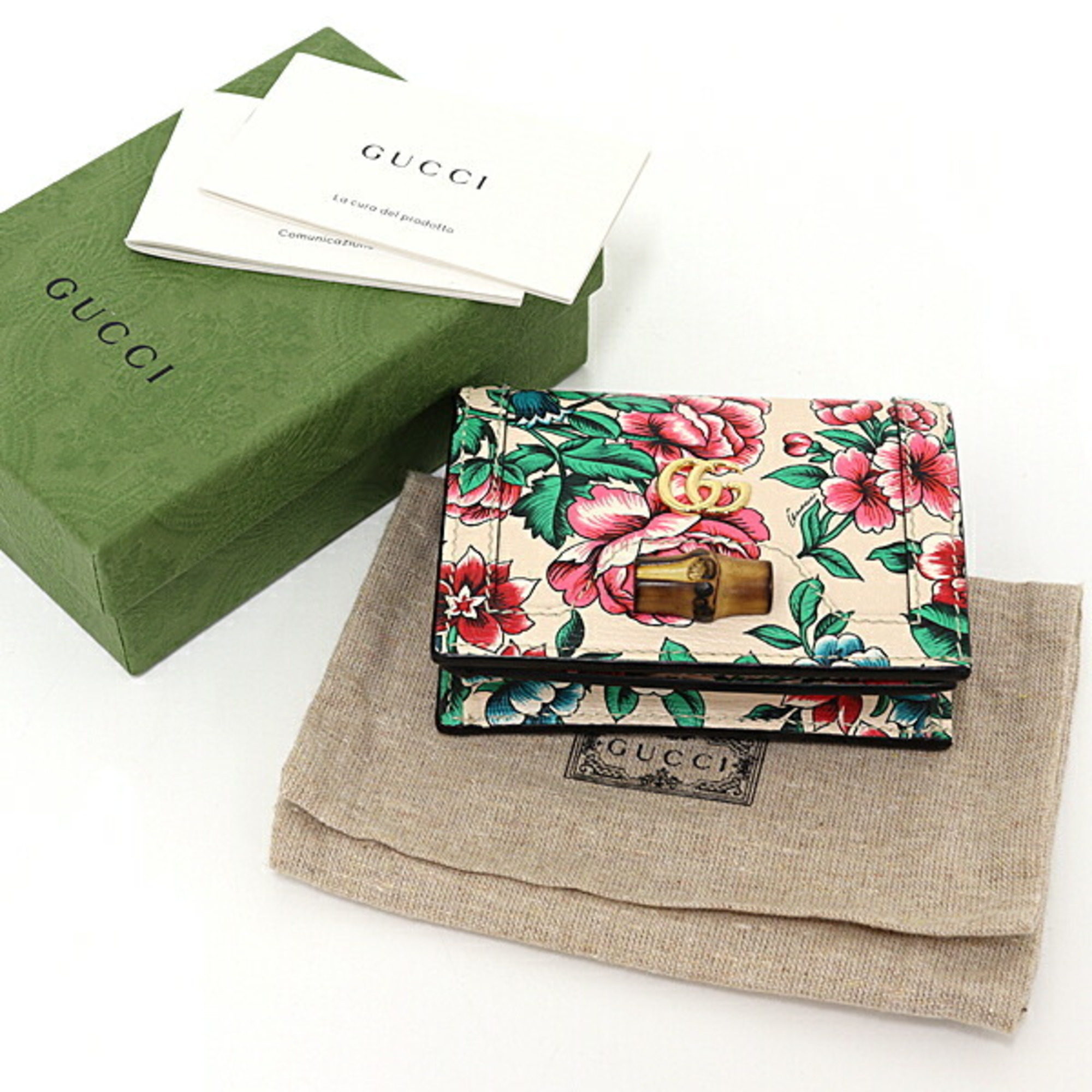 GUCCI Bamboo Card Case Wallet Bifold Flower Leather 658244 Multicolor Gold Hardware