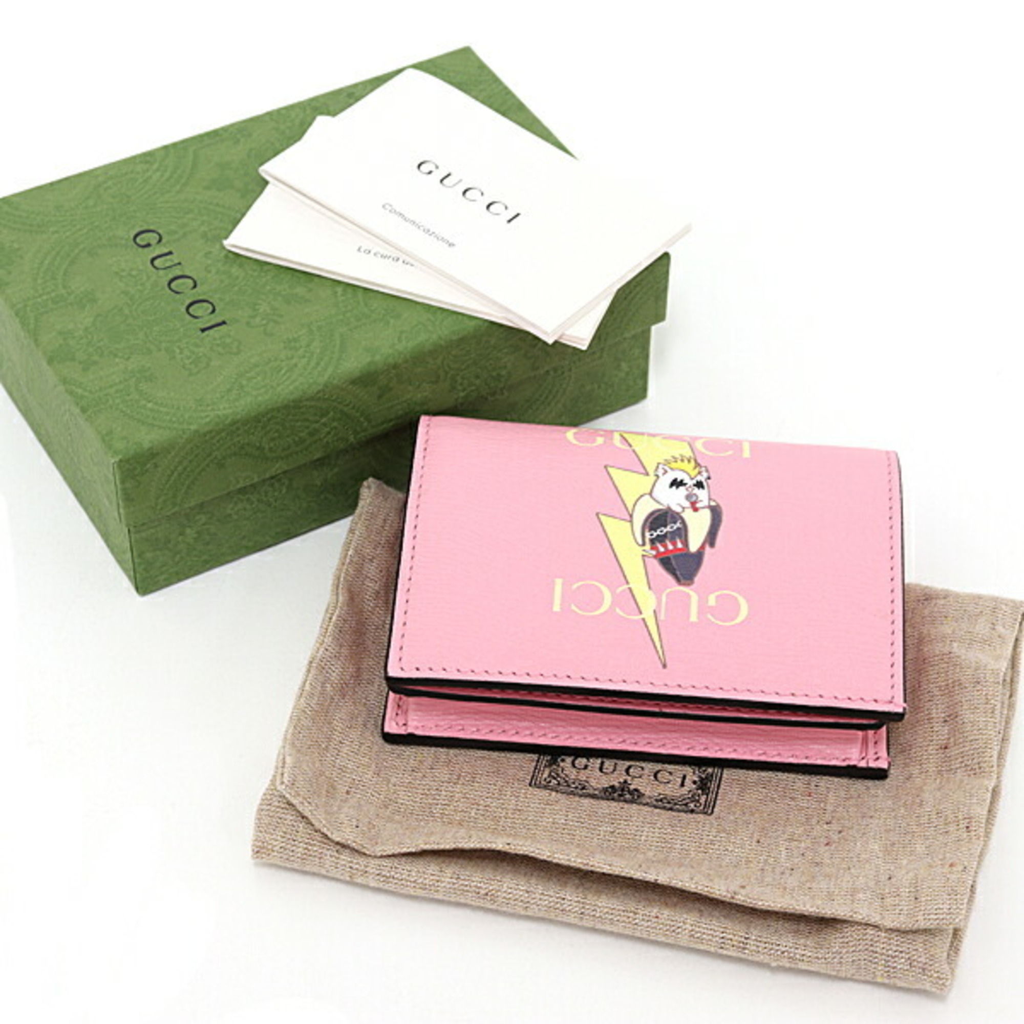 GUCCI Bananya Card Case Wallet Metal Leather Bifold 701009 Pink Gold Hardware